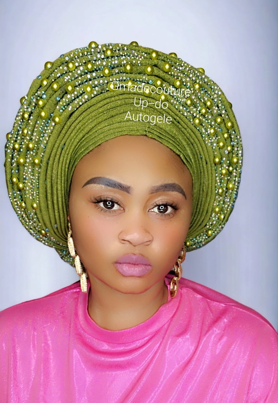 ROUND SHAPED LUXURY AUTOGELE ASO OKE BEADED HEADTIE ONLY WITH STONE GLITTERS AND PEARLS- Lemon
