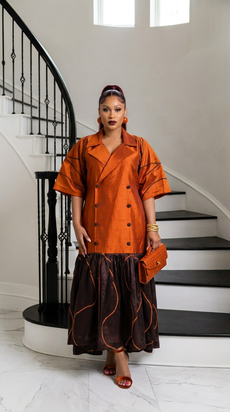 The Executive Lapel Bubu Dress -Burnt Orange × Espresso
