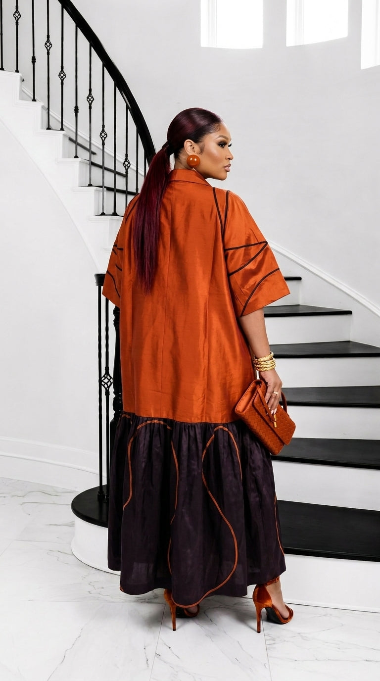 The Executive Lapel Bubu Dress -Burnt Orange × Espresso