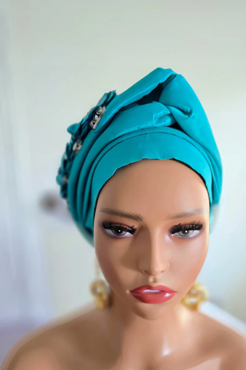 READY TO WEAR TAFETTA TURBAN GELE CAP WITH KNOT UP-DO EMBELLISHED WITH RHINESTONES AND ROSE PETALS