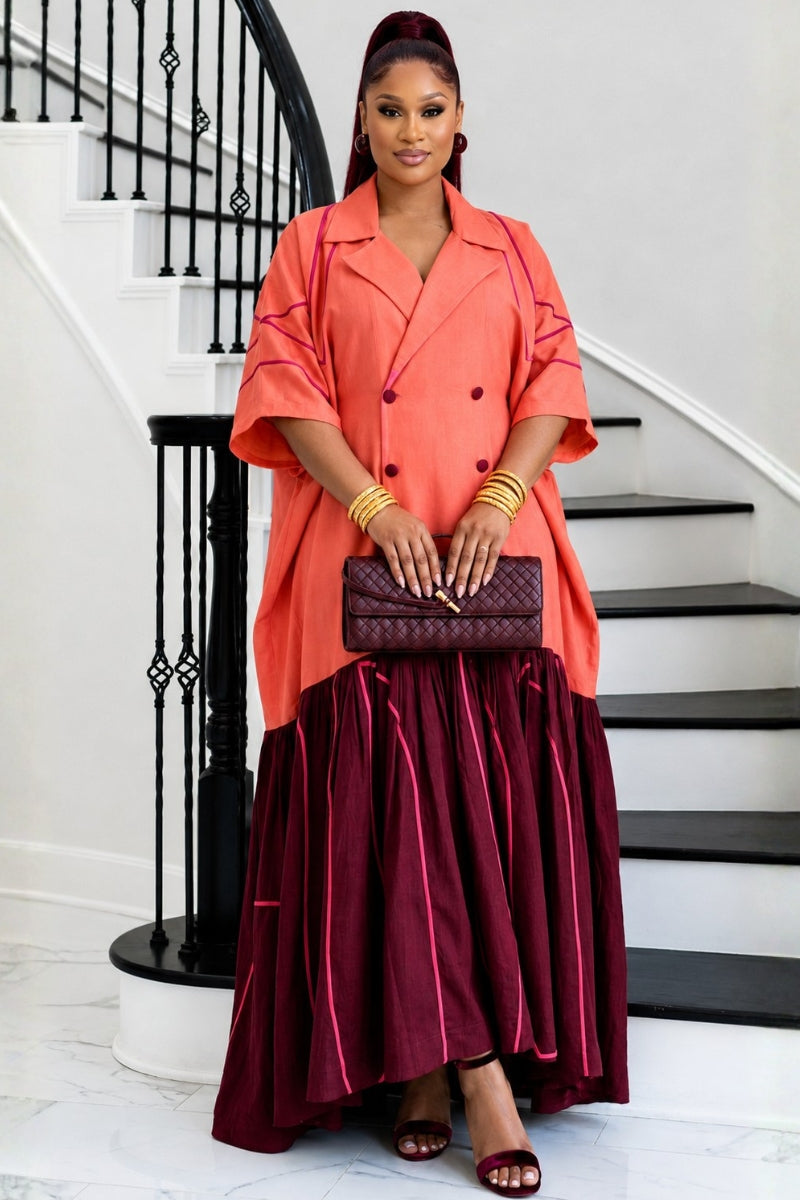 The Executive Lapel Bubu Dress - Coral × Deep Burgundy