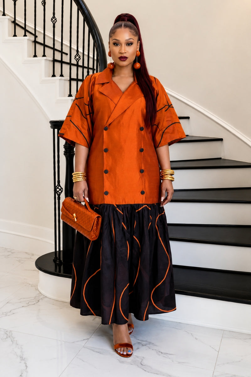 The Executive Lapel Bubu Dress -Burnt Orange × Espresso