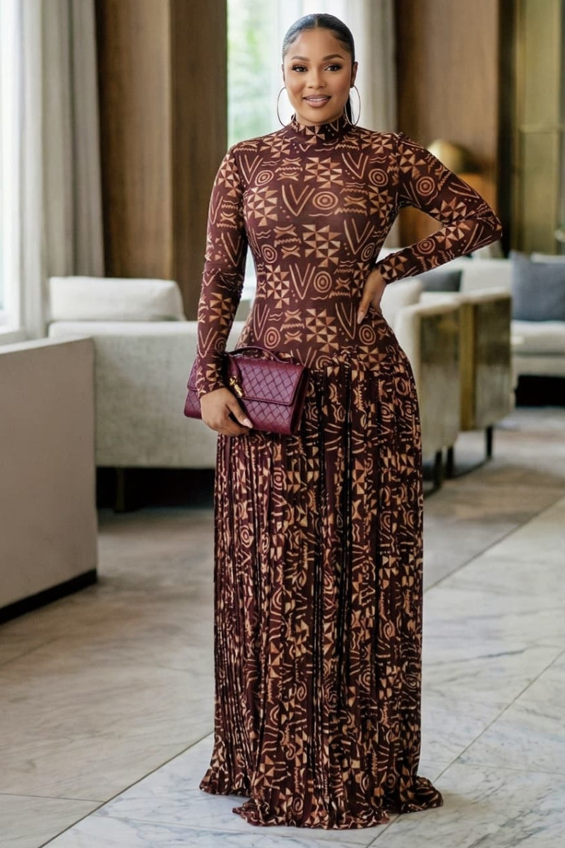 The Evara Pleated Dress Brown