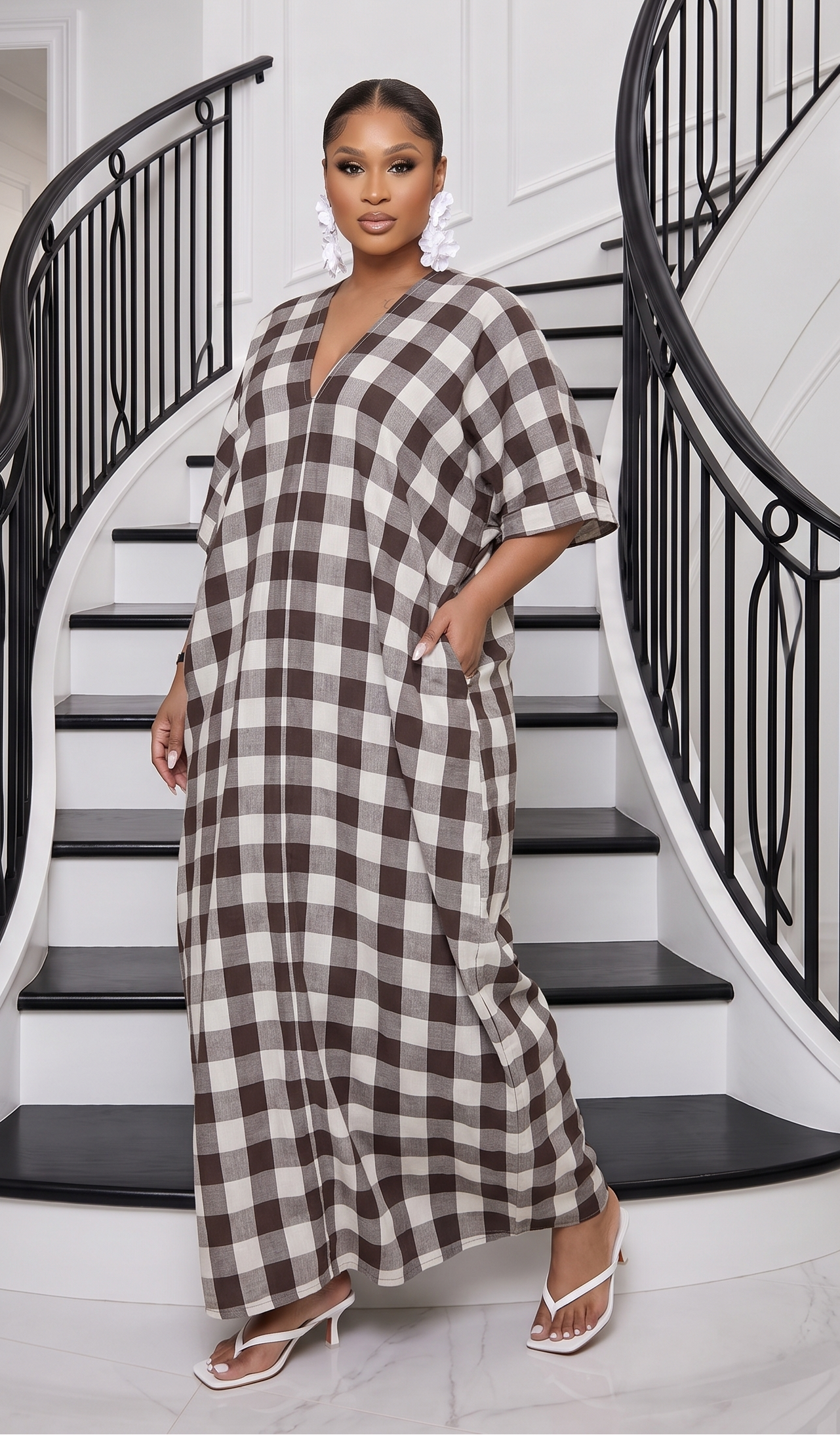 The Mila Gingham Linen Maxi Dress - Brown