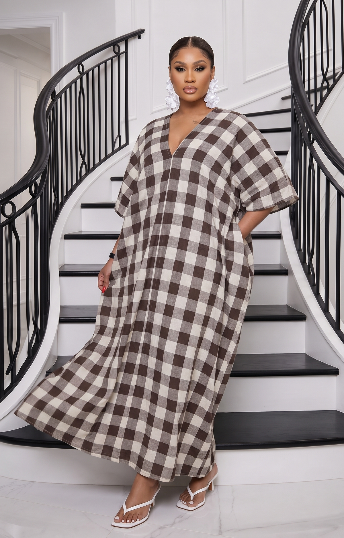 The Mila Gingham Linen Maxi Dress - Brown