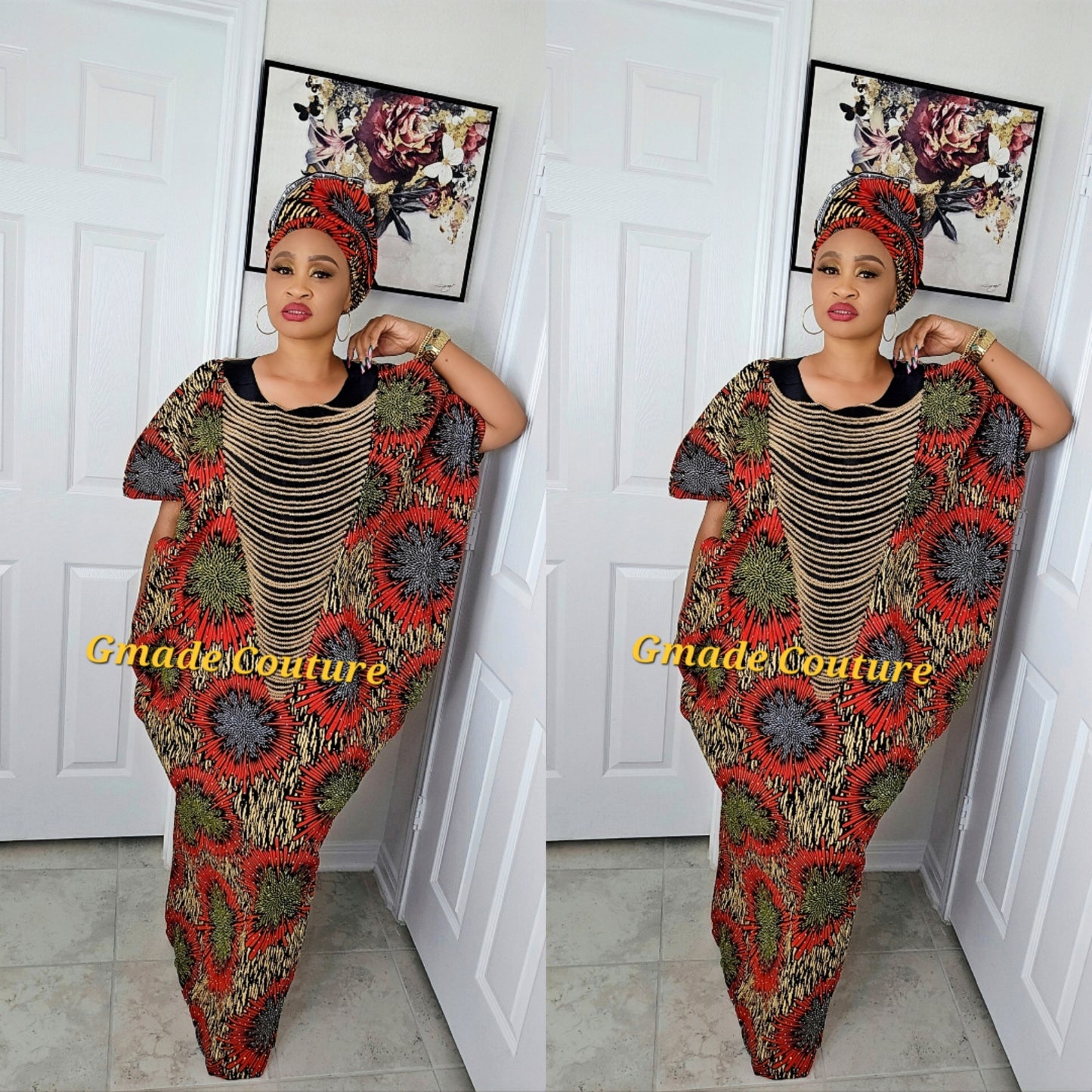 Imade Rich Aunty Luxurious High Quality Embellished Beaded Ankara with Crystals Agbada Bubu Maxi Dress Kaftan Dress with Matching Scarf