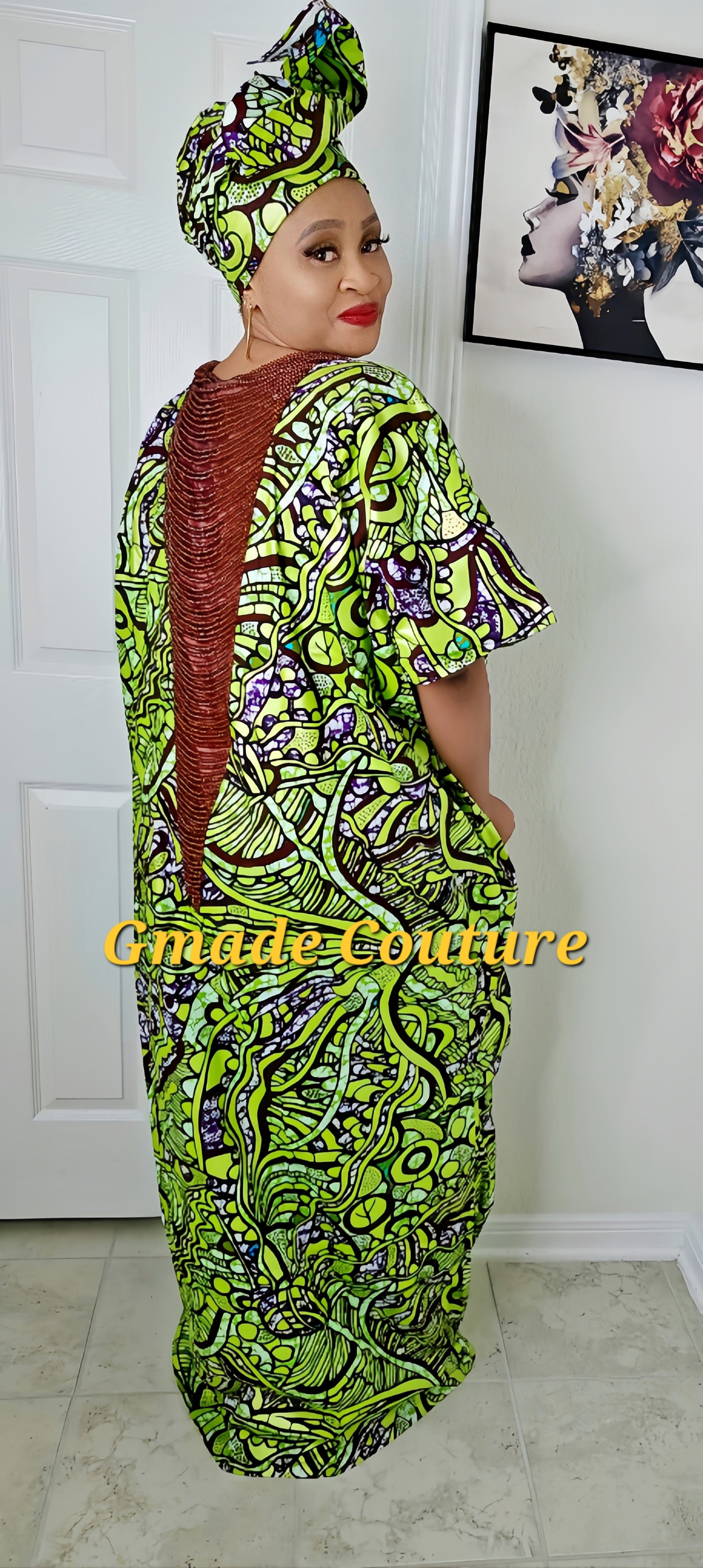 Imade Rich Aunty Luxury Beaded Ankara Agbada Bubu Kaftan with Matching Scarf.