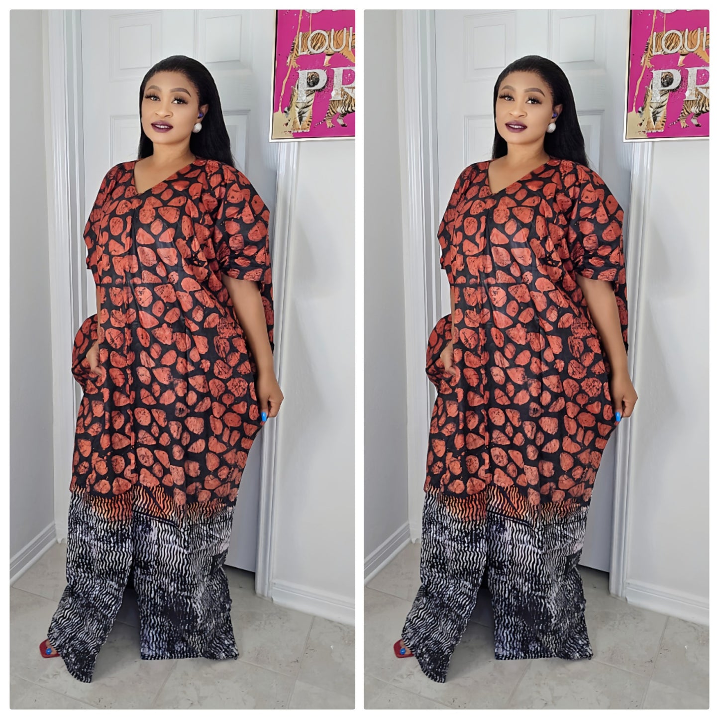 Oma Ankara Bubu Dress-Mini Agbada Two-Tone Adire premium with Front Cut with Matching Scarf
