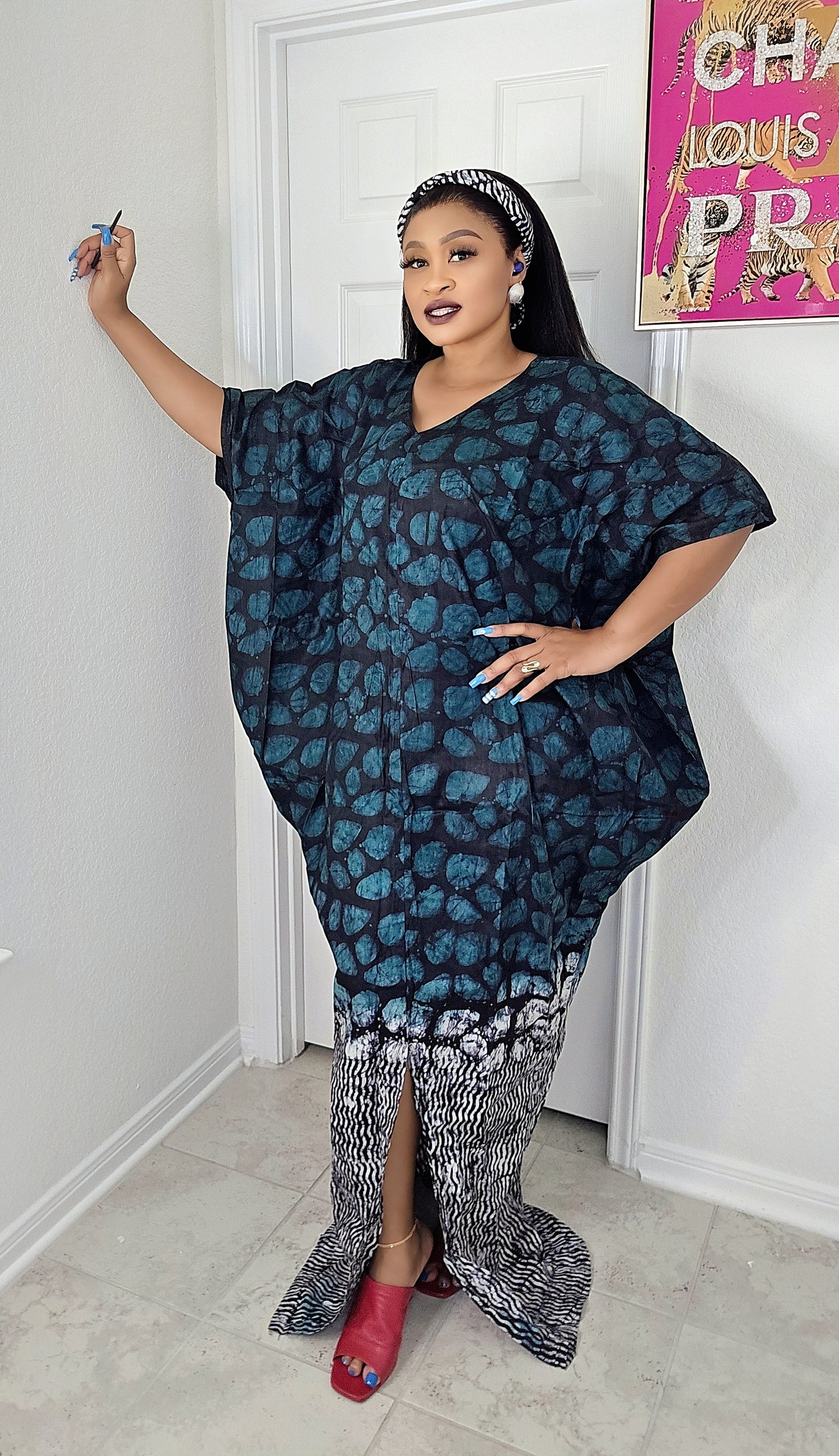 Oma Ankara Bubu Dress-Mini Agbada Two-Tone Adire premium with Front Cut with Matching Scarf
