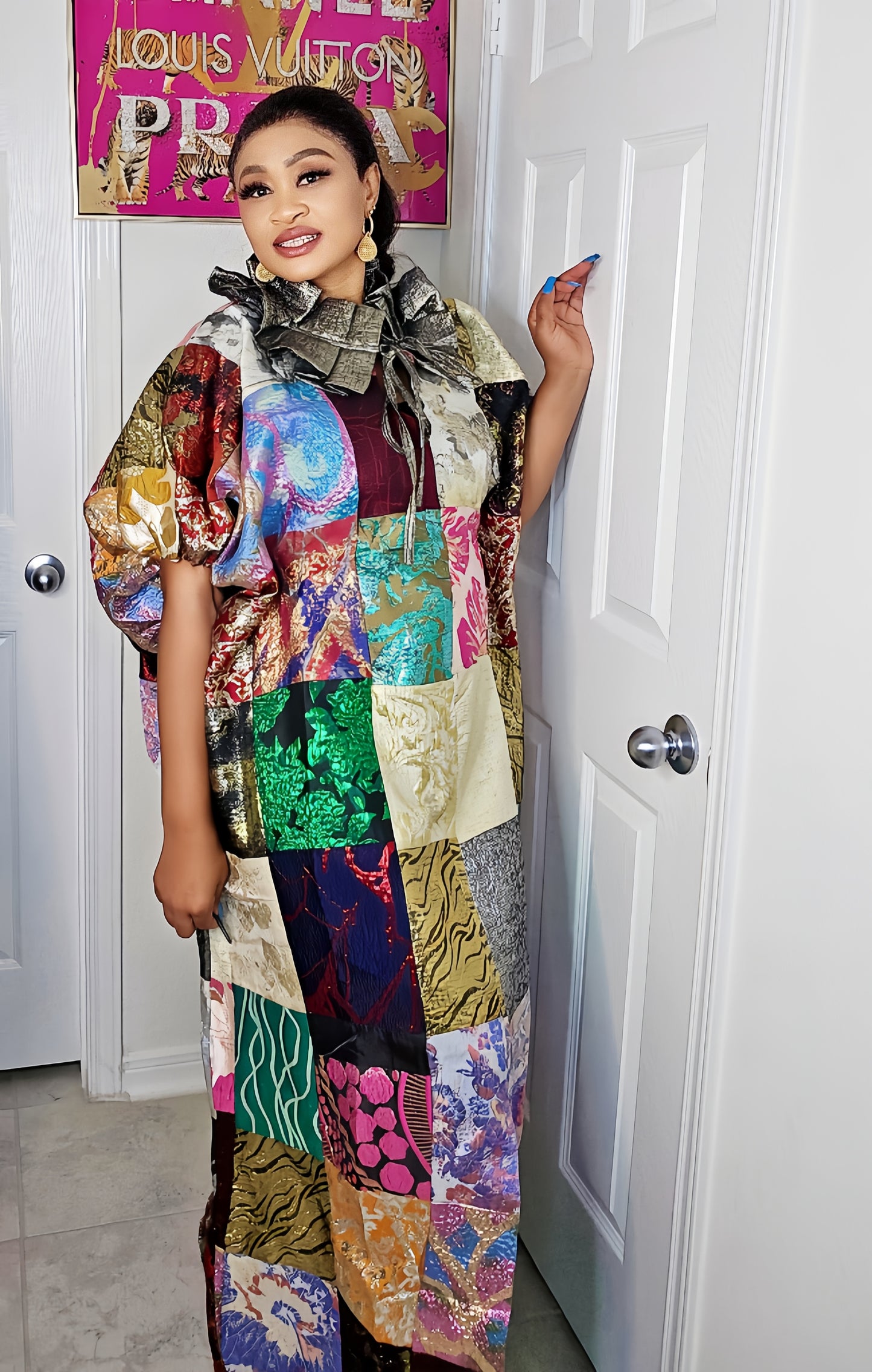 Patched Brocade Rich Aunty Luxurious Agbada Bubu Maxi Dress Kaftan Dress with Dramatic Neckline