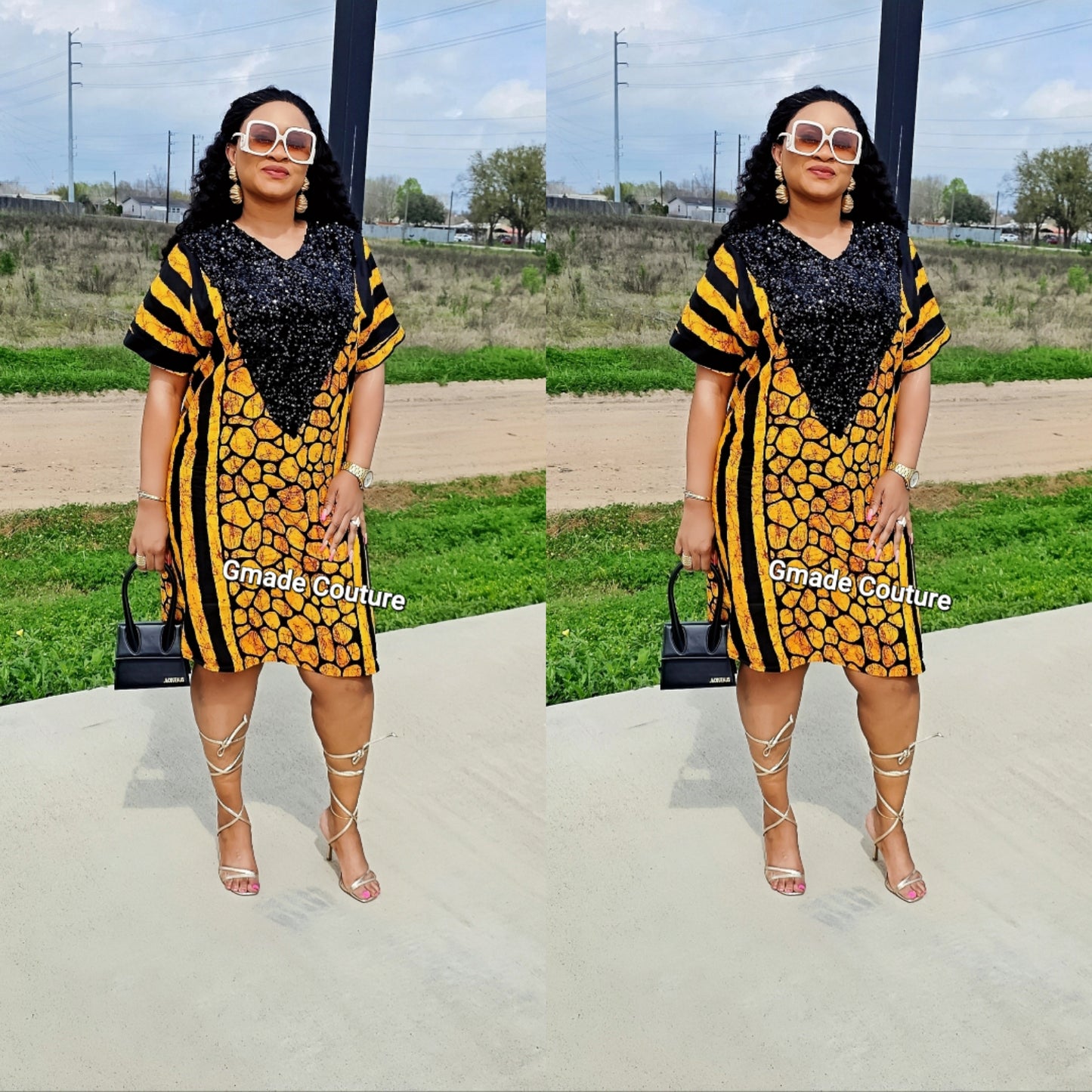 Kam-Kam Two Toned Premium Ankara Print Patch Dress with sequins Neckline