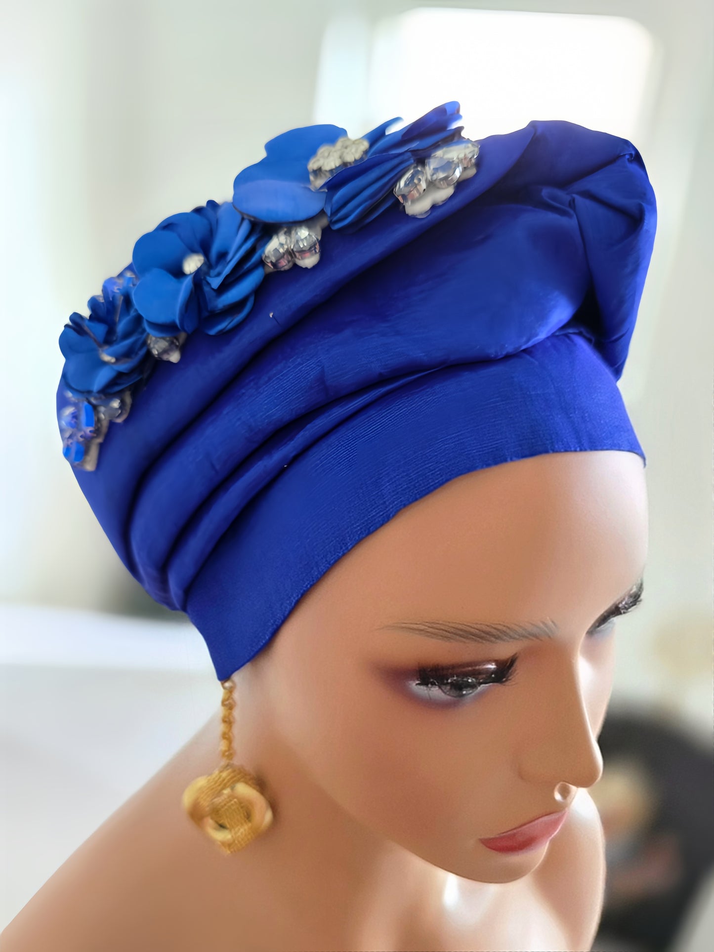 READY TO WEAR TAFETTA TURBAN GELE CAP WITH KNOT UP-DO EMBELLISHED WITH RHINESTONES AND ROSE PETALS