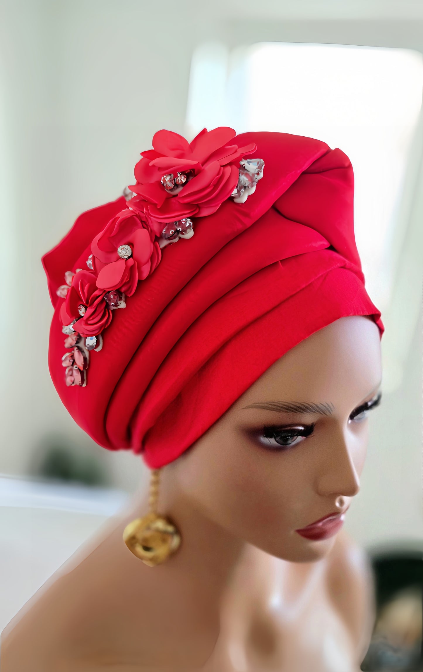 READY TO WEAR TAFETTA TURBAN GELE CAP WITH KNOT UP-DO EMBELLISHED WITH RHINESTONES AND ROSE PETALS