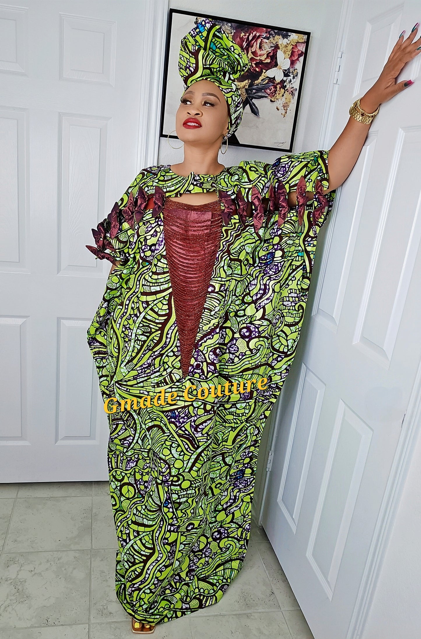 Imade Rich Aunty Luxurious High Quality Embellished Beaded Ankara with Crystals Agbada Bubu Maxi Dress Kaftan Dress with Matching Scarf