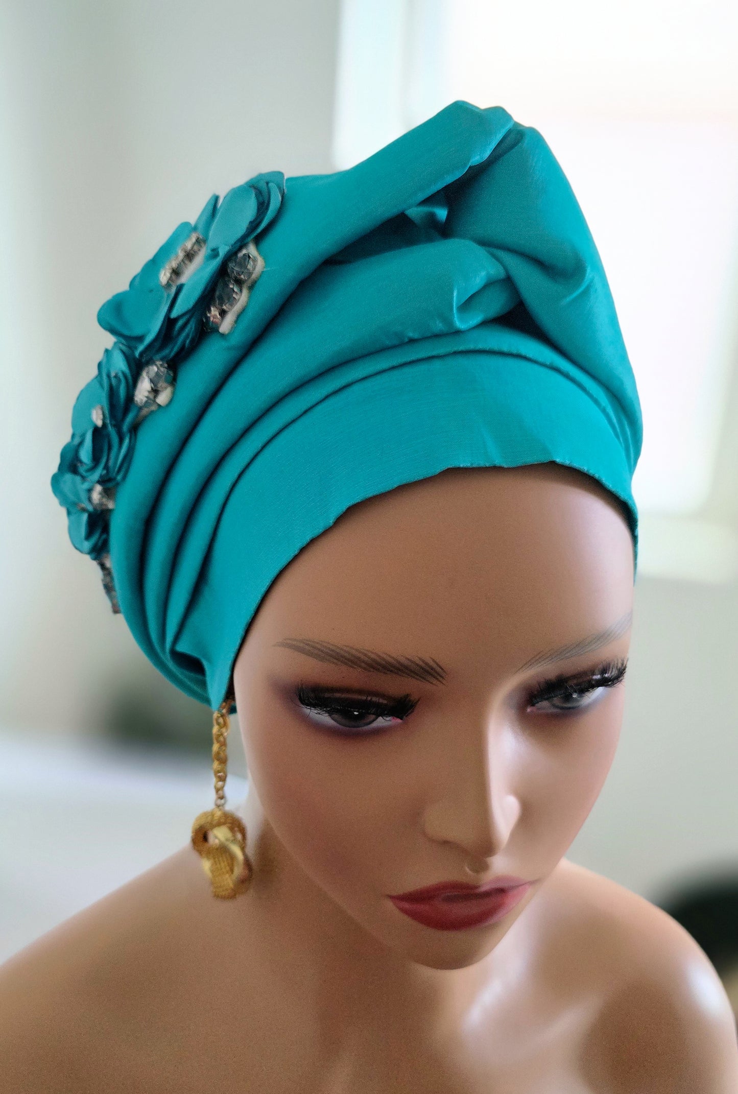READY TO WEAR TAFETTA TURBAN GELE CAP WITH KNOT UP-DO EMBELLISHED WITH RHINESTONES AND ROSE PETALS