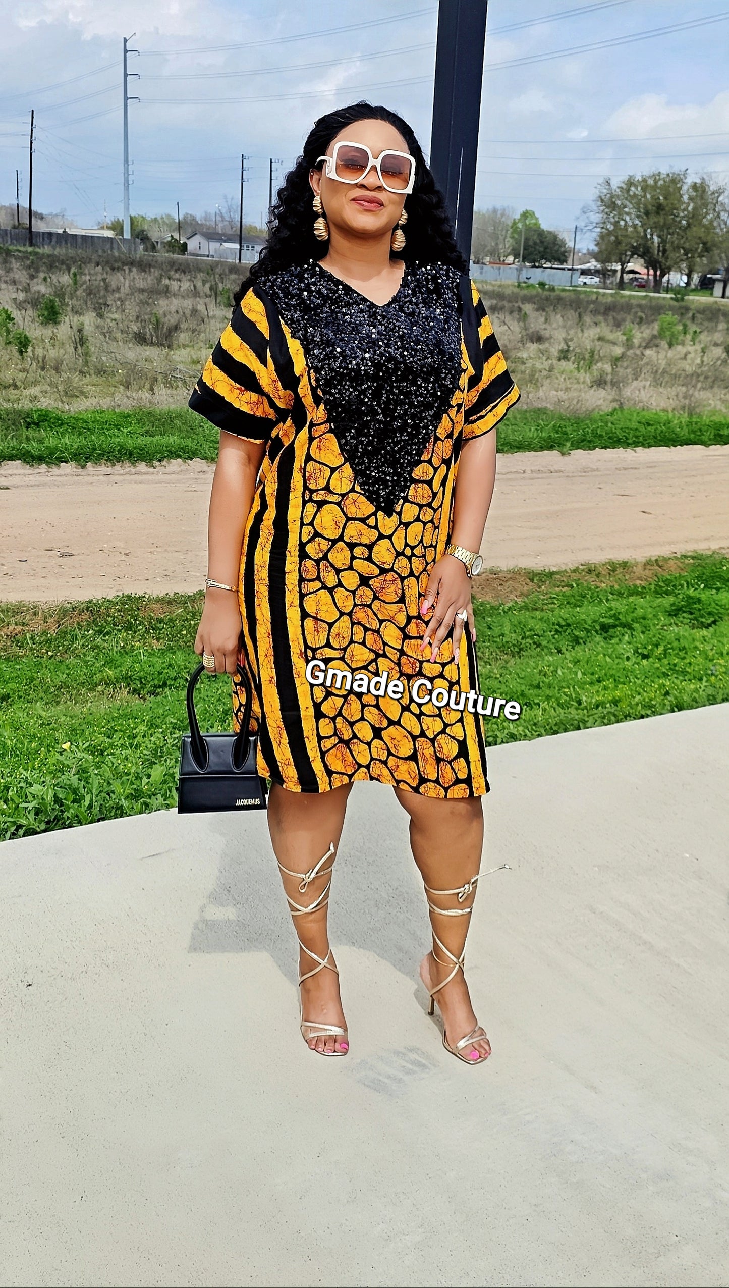 Kam-Kam Two Toned Premium Ankara Print Patch Dress with sequins Neckline