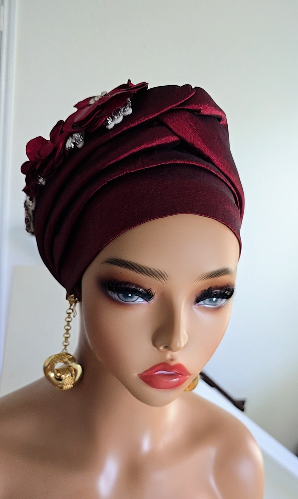 READY TO WEAR TAFETTA TURBAN GELE CAP WITH KNOT UP-DO EMBELLISHED WITH RHINESTONES AND ROSE PETALS