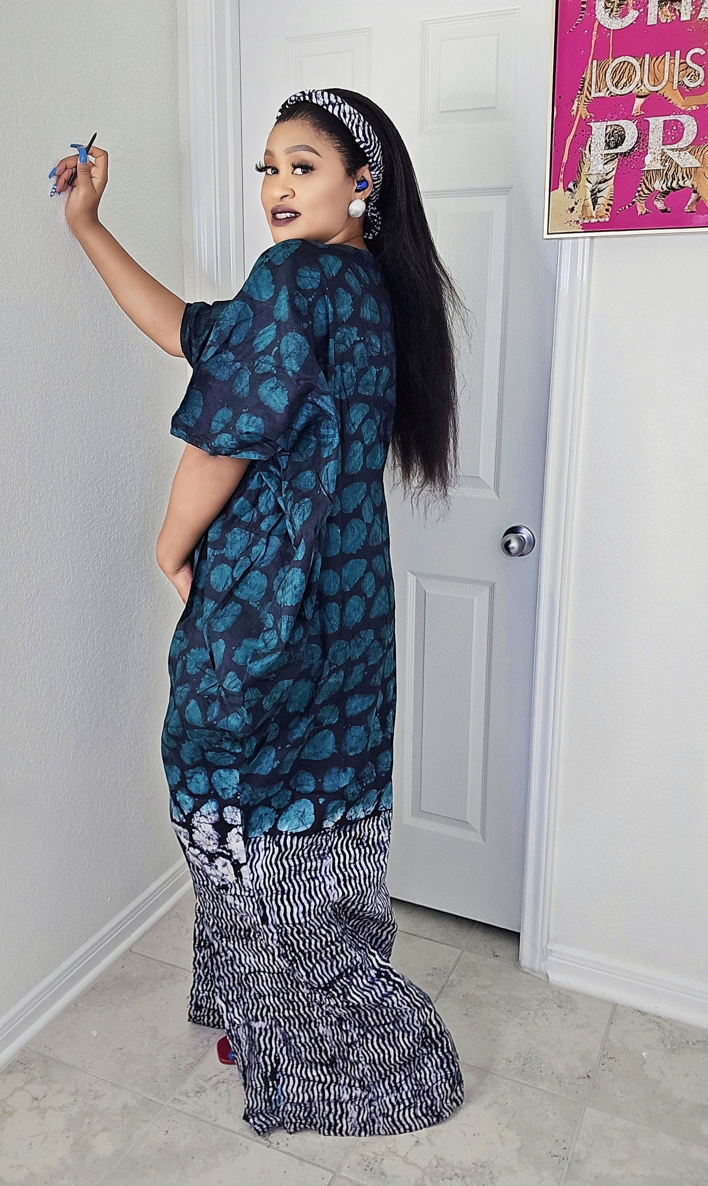 Oma Ankara Bubu Dress-Mini Agbada Two-Tone Adire premium with Front Cut with Matching Scarf