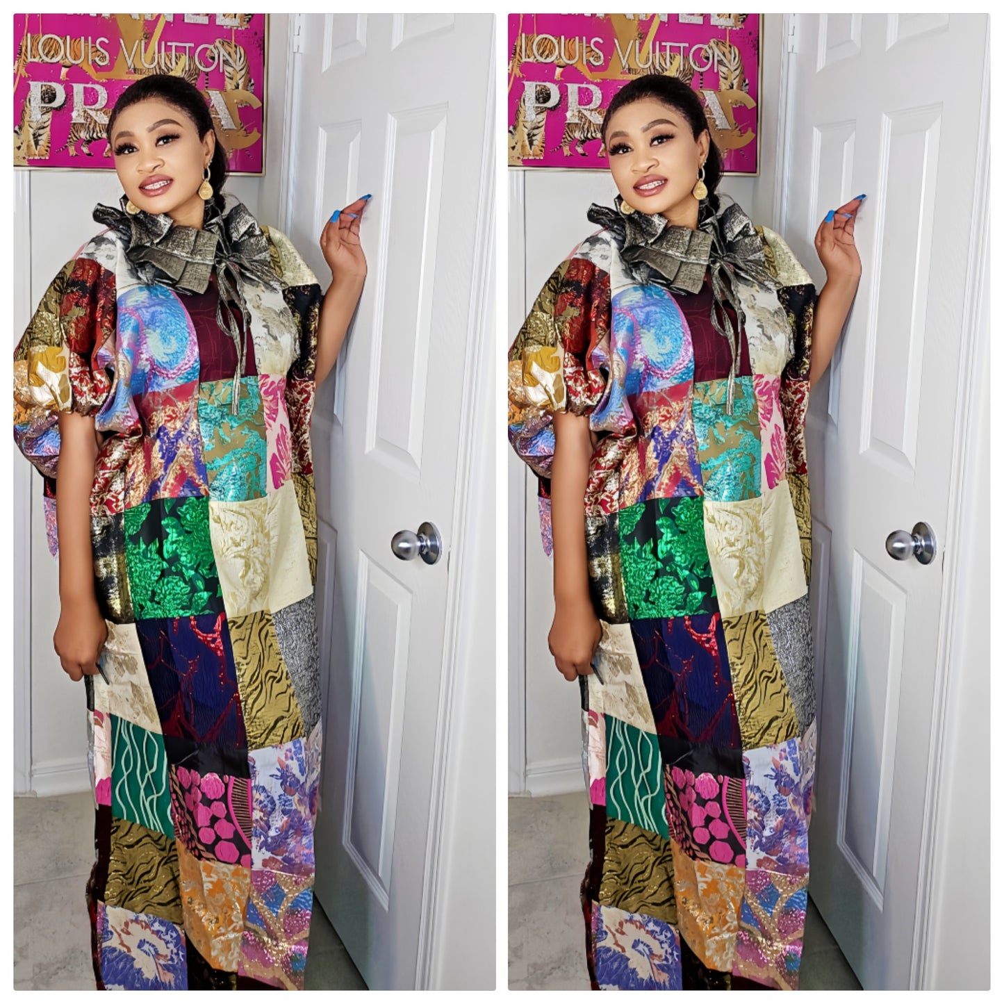 Patched Brocade Rich Aunty Luxurious Agbada Bubu Maxi Dress Kaftan Dress with Dramatic Neckline
