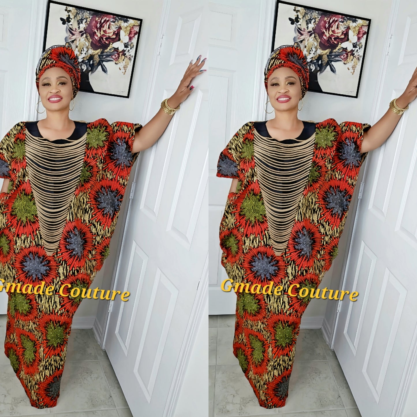 Imade Rich Aunty Luxurious High Quality Embellished Beaded Ankara with Crystals Agbada Bubu Maxi Dress Kaftan Dress with Matching Scarf