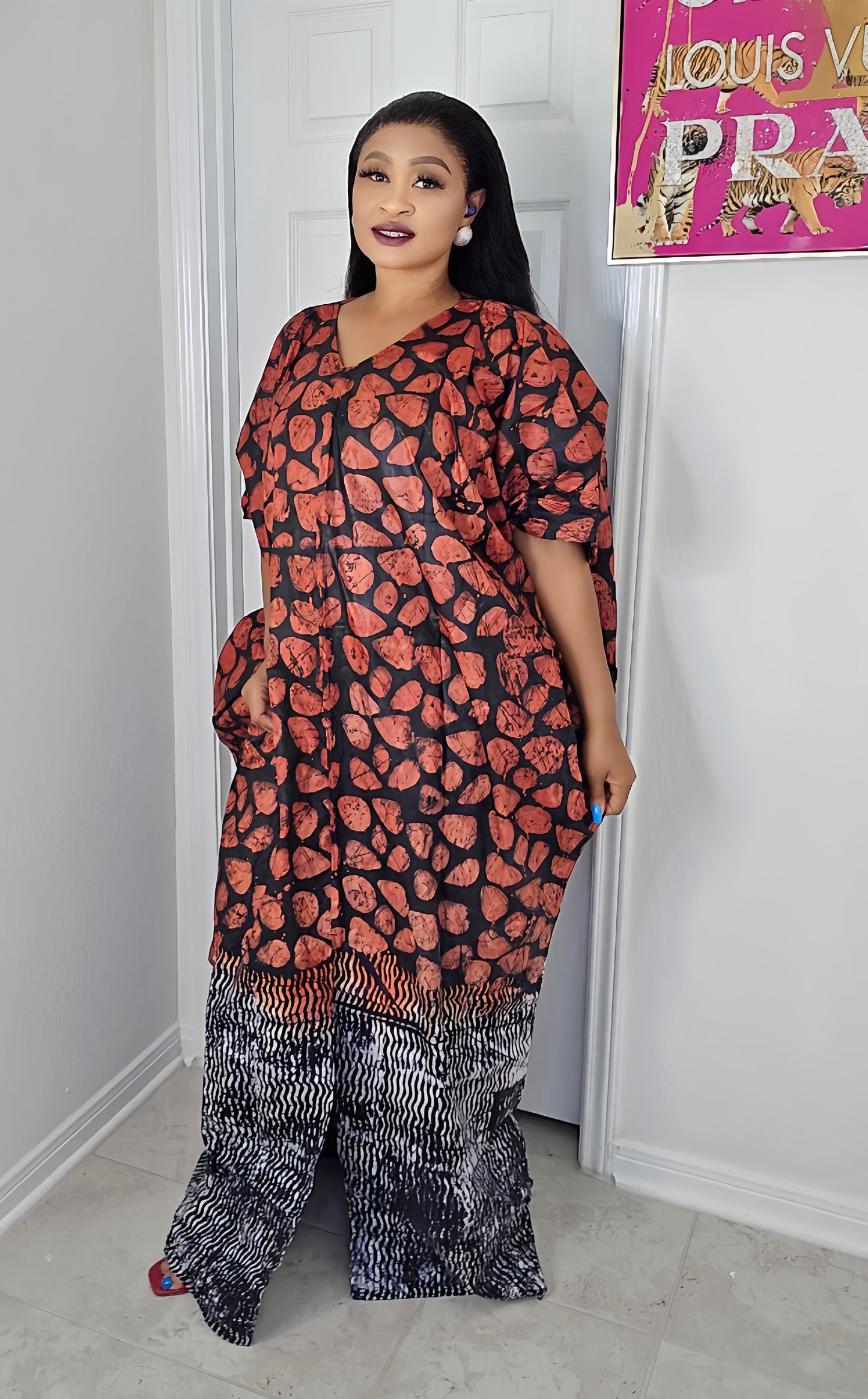 Oma Ankara Bubu Dress-Mini Agbada Two-Tone Adire premium with Front Cut with Matching Scarf