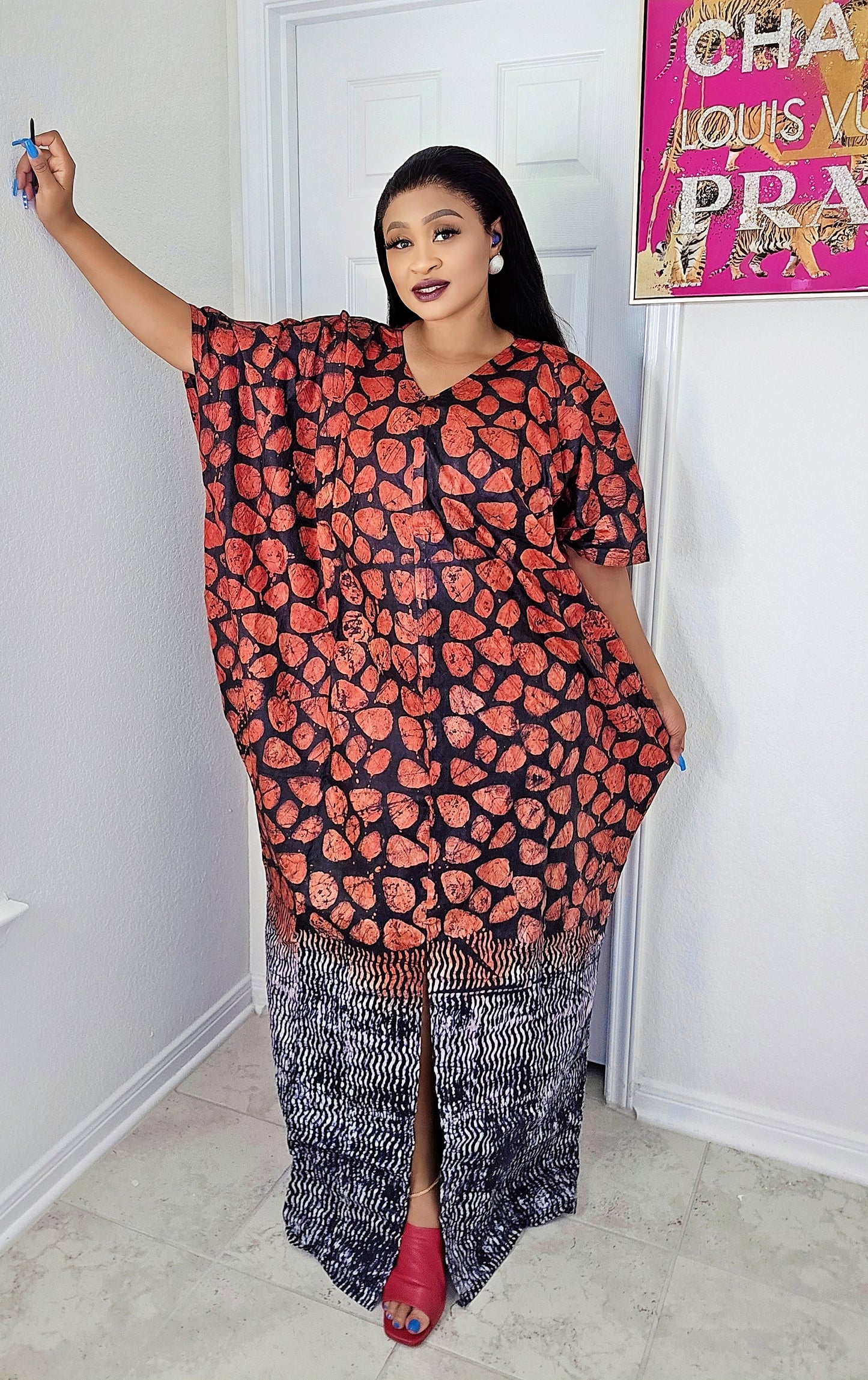 Oma Ankara Bubu Dress-Mini Agbada Two-Tone Adire premium with Front Cut with Matching Scarf