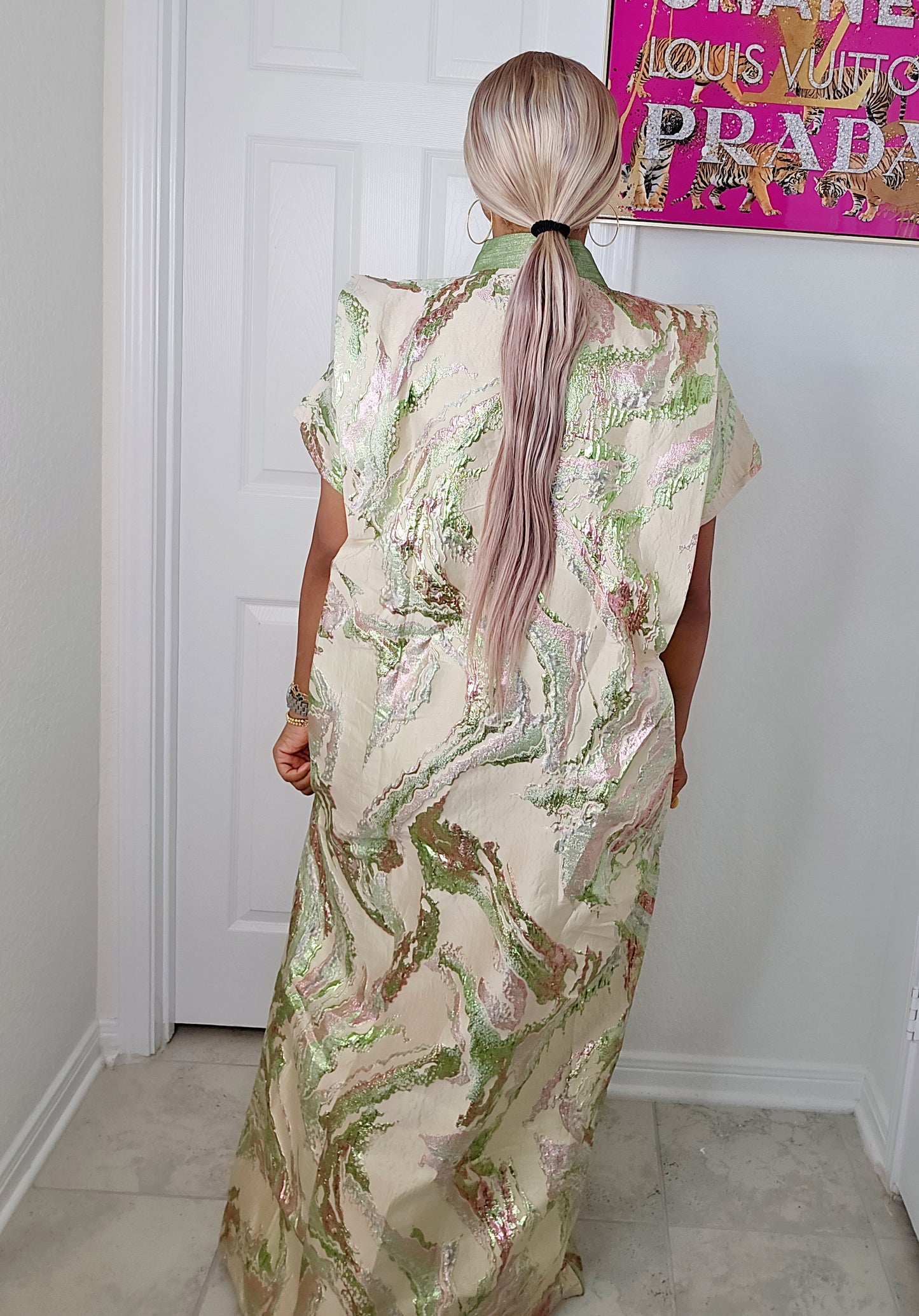 European Rich Aunty Luxurious Brocade Agbada Bubu Maxi Dress Kaftan Dress With A Contrast Neck line and Matching scarf