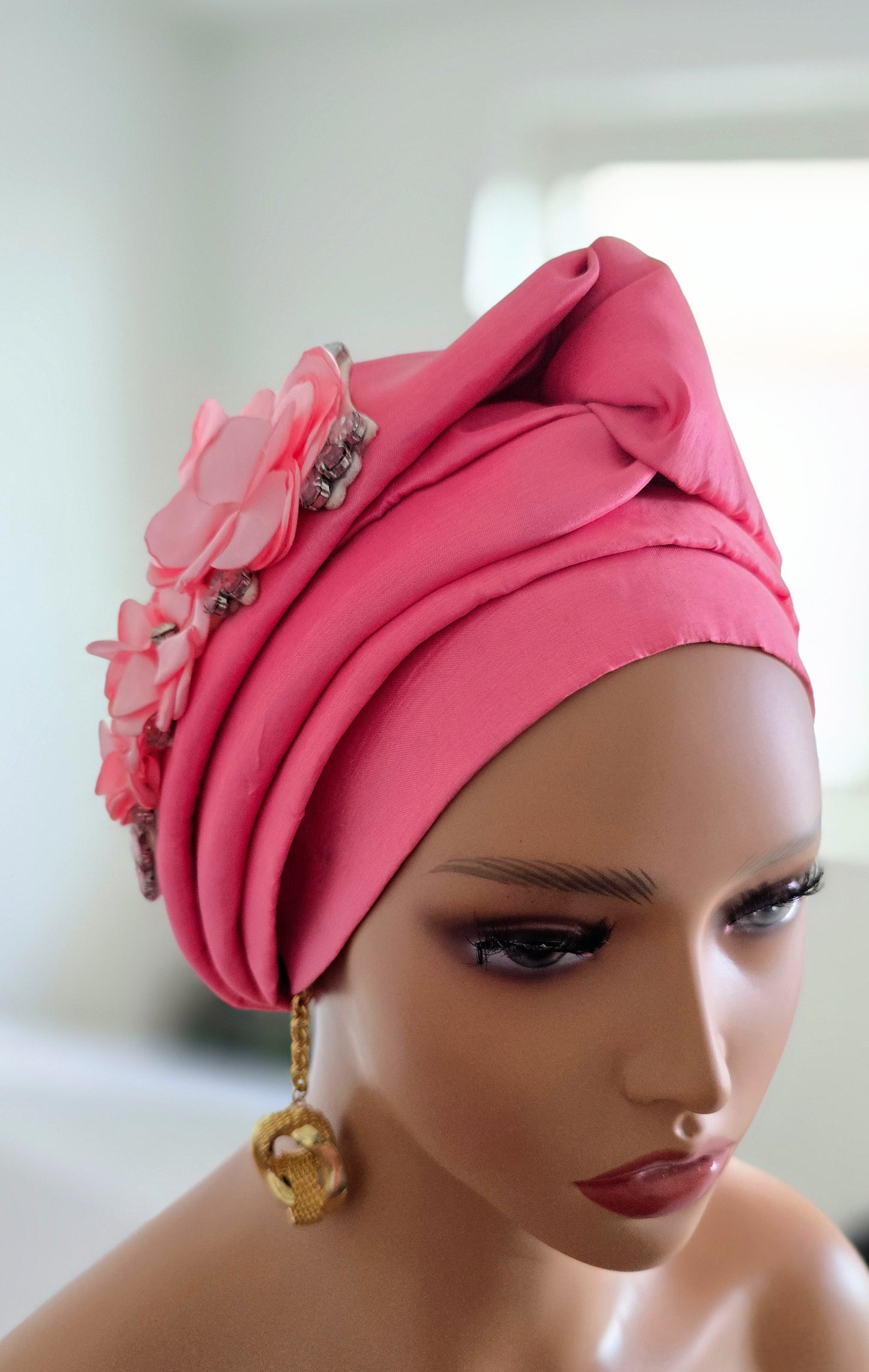 READY TO WEAR TAFETTA TURBAN GELE CAP WITH KNOT UP-DO EMBELLISHED WITH RHINESTONES AND ROSE PETALS