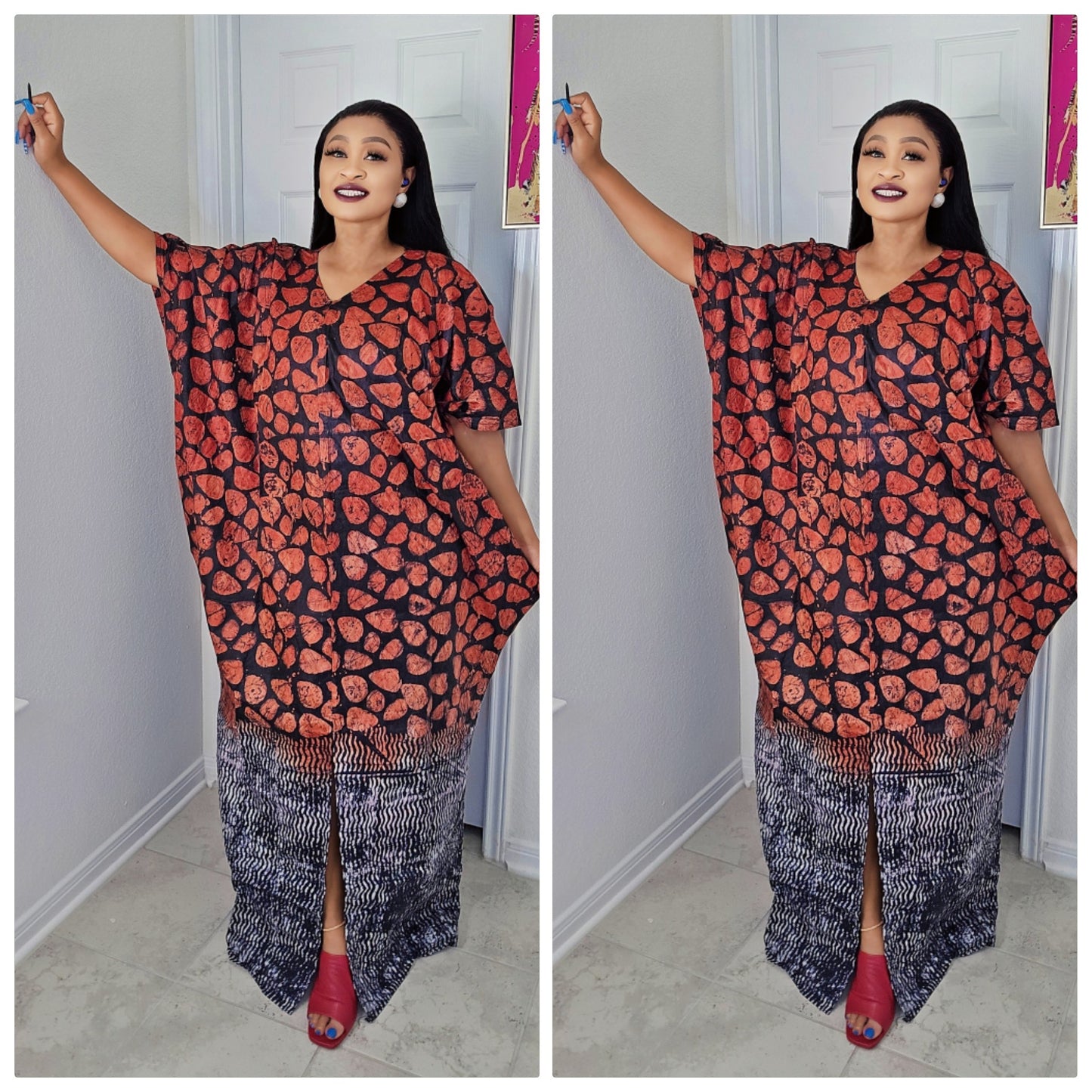 Oma Ankara Bubu Dress-Mini Agbada Two-Tone Adire premium with Front Cut with Matching Scarf
