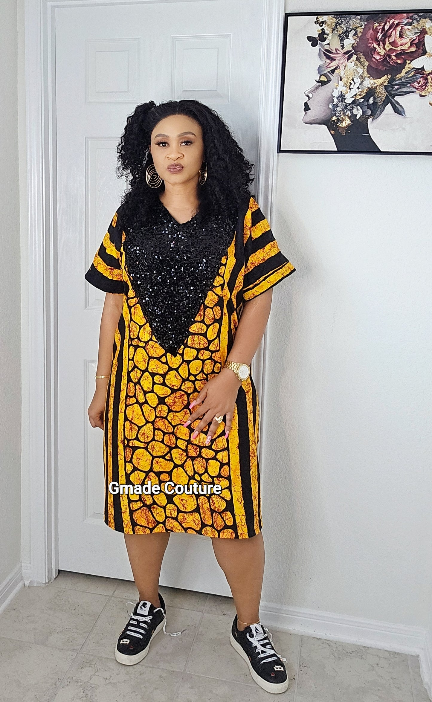 Kam-Kam Two Toned Premium Ankara Print Patch Dress with sequins Neckline