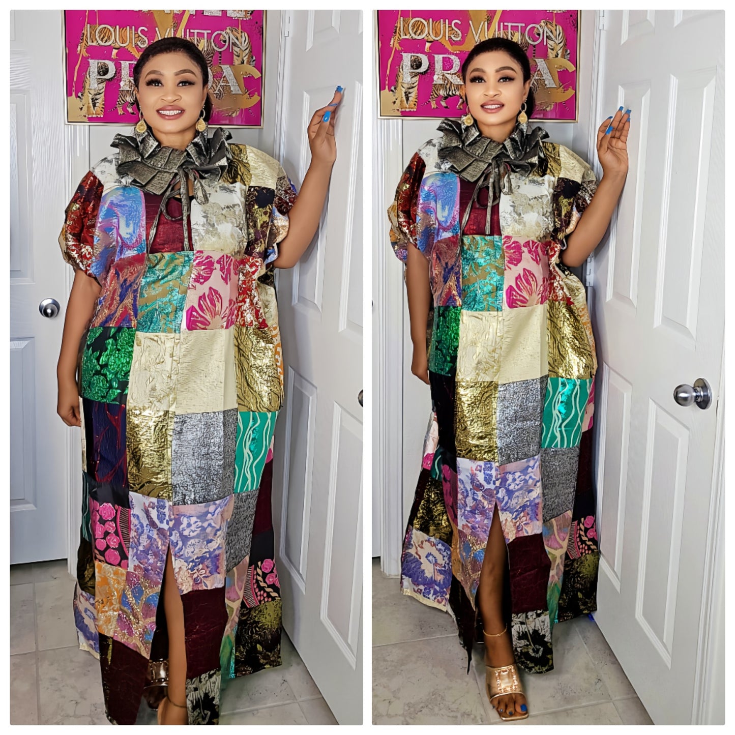 Patched Brocade Rich Aunty Luxurious Agbada Bubu Maxi Dress Kaftan Dress with Dramatic Neckline