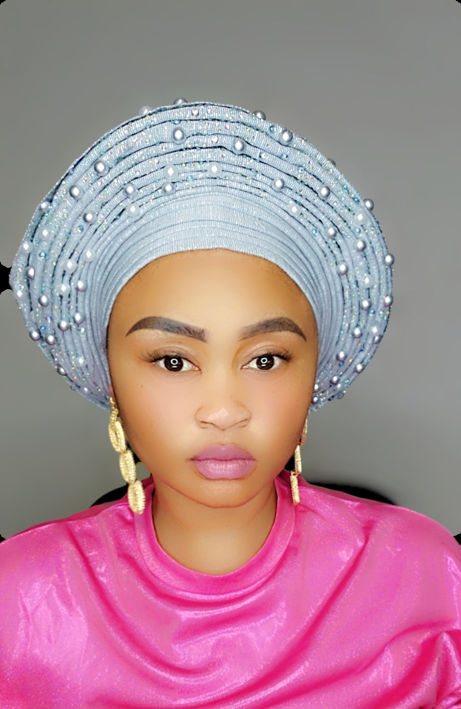 ROUND SHAPED LUXURY AUTOGELE ASO OKE BEADED HEADTIE ONLY WITH STONE GLITTERS AND PEARLS