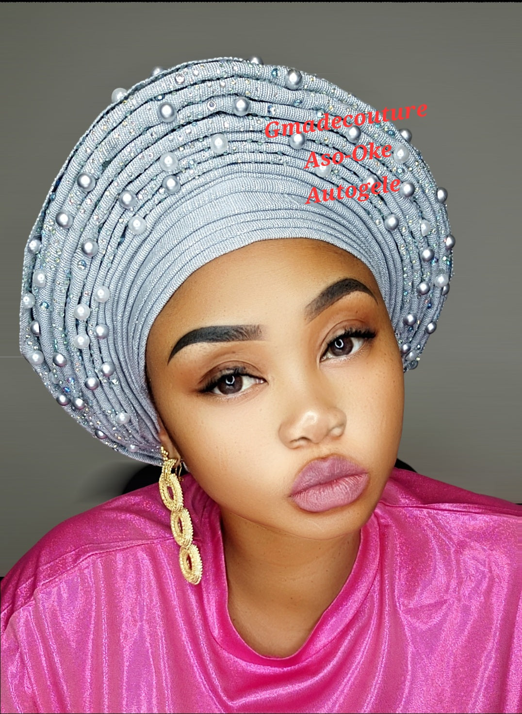 ROUND SHAPED LUXURY AUTOGELE ASO OKE BEADED HEADTIE ONLY WITH STONE GLITTERS AND PEARLS