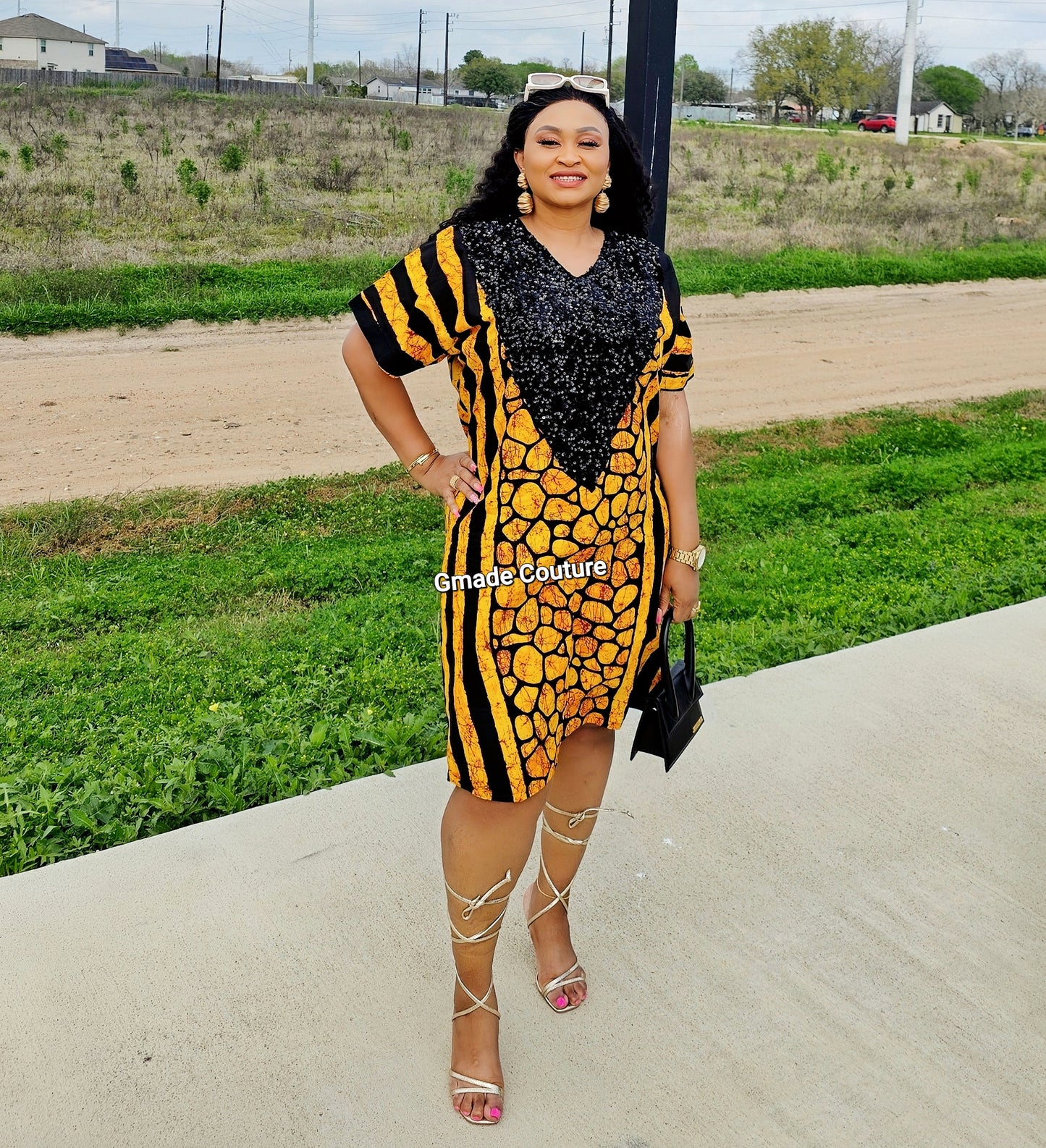 Kam-Kam Two Toned Premium Ankara Print Patch Dress with sequins Neckline