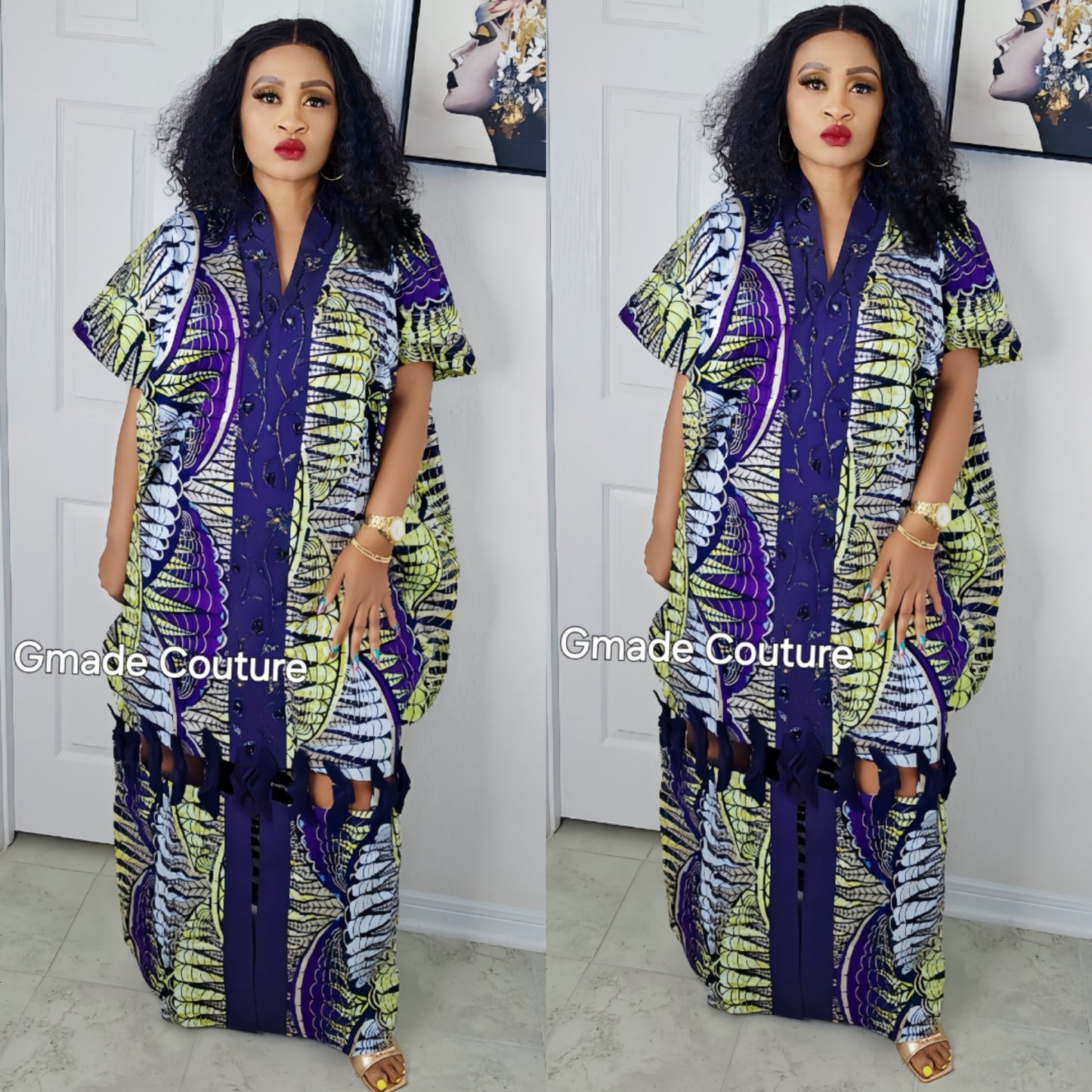 Flo Embellished Glo Ankara with Lace front slit + Rose Bow Rich Aunty bubu with Matching Scarf