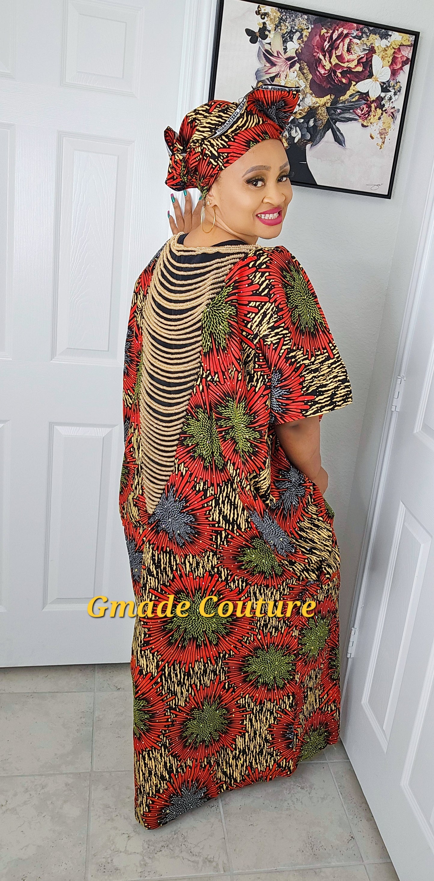 Imade Rich Aunty Luxurious High Quality Embellished Beaded Ankara with Crystals Agbada Bubu Maxi Dress Kaftan Dress with Matching Scarf