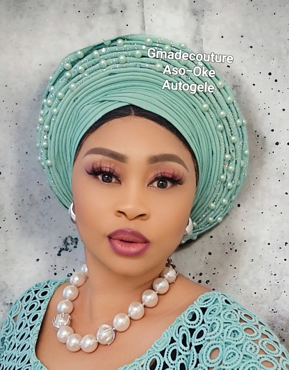 V-CUT LUXURY AUTOGELE ASO OKE BEADED HEADTIE ONLY WITH LACE, PEARLS AND STONE GLITTERS