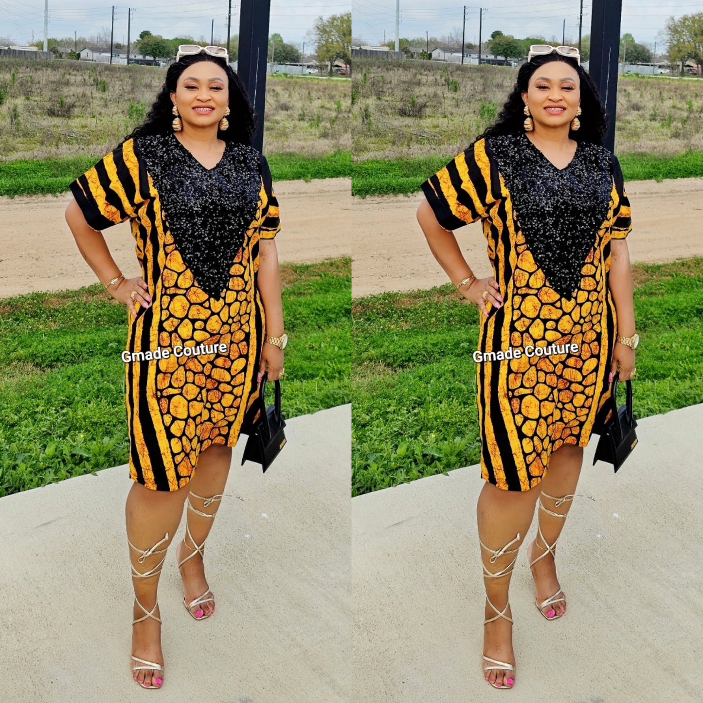 Kam-Kam Two Toned Premium Ankara Print Patch Dress with sequins Neckline