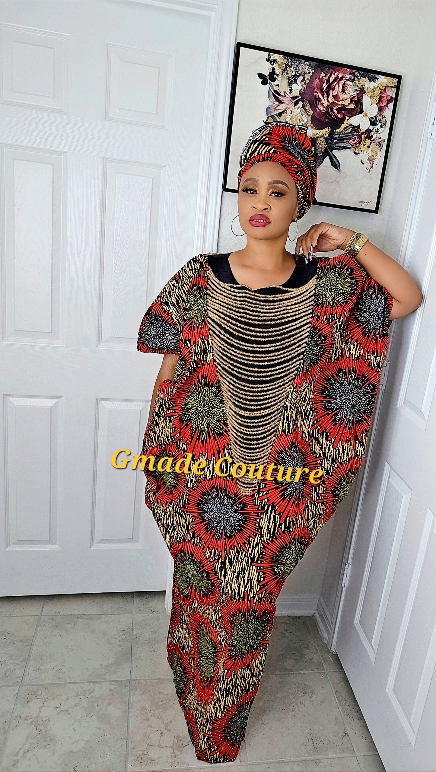 Imade Rich Aunty Luxurious High Quality Embellished Beaded Ankara with Crystals Agbada Bubu Maxi Dress Kaftan Dress with Matching Scarf