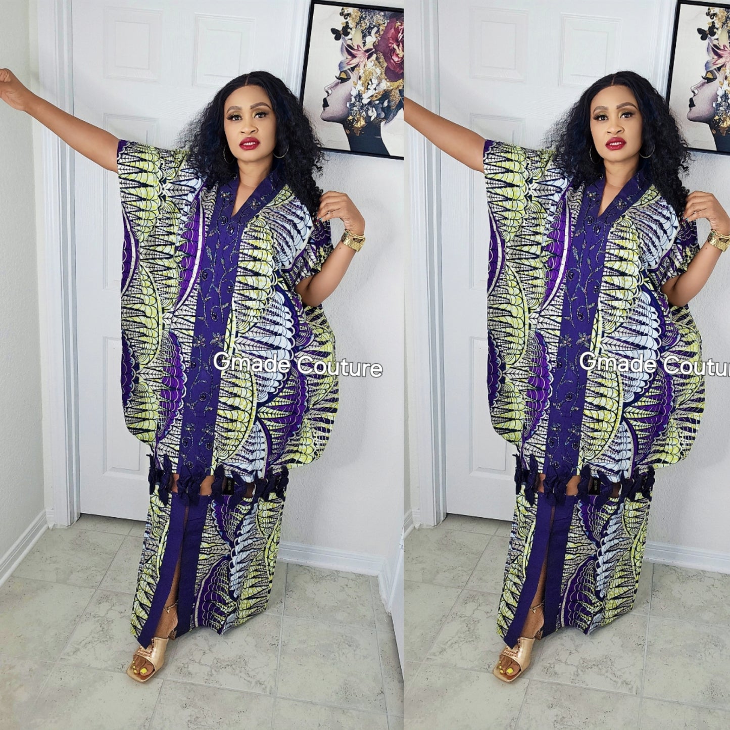 Flo Embellished Glo Ankara with Lace front slit + Rose Bow Rich Aunty bubu with Matching Scarf