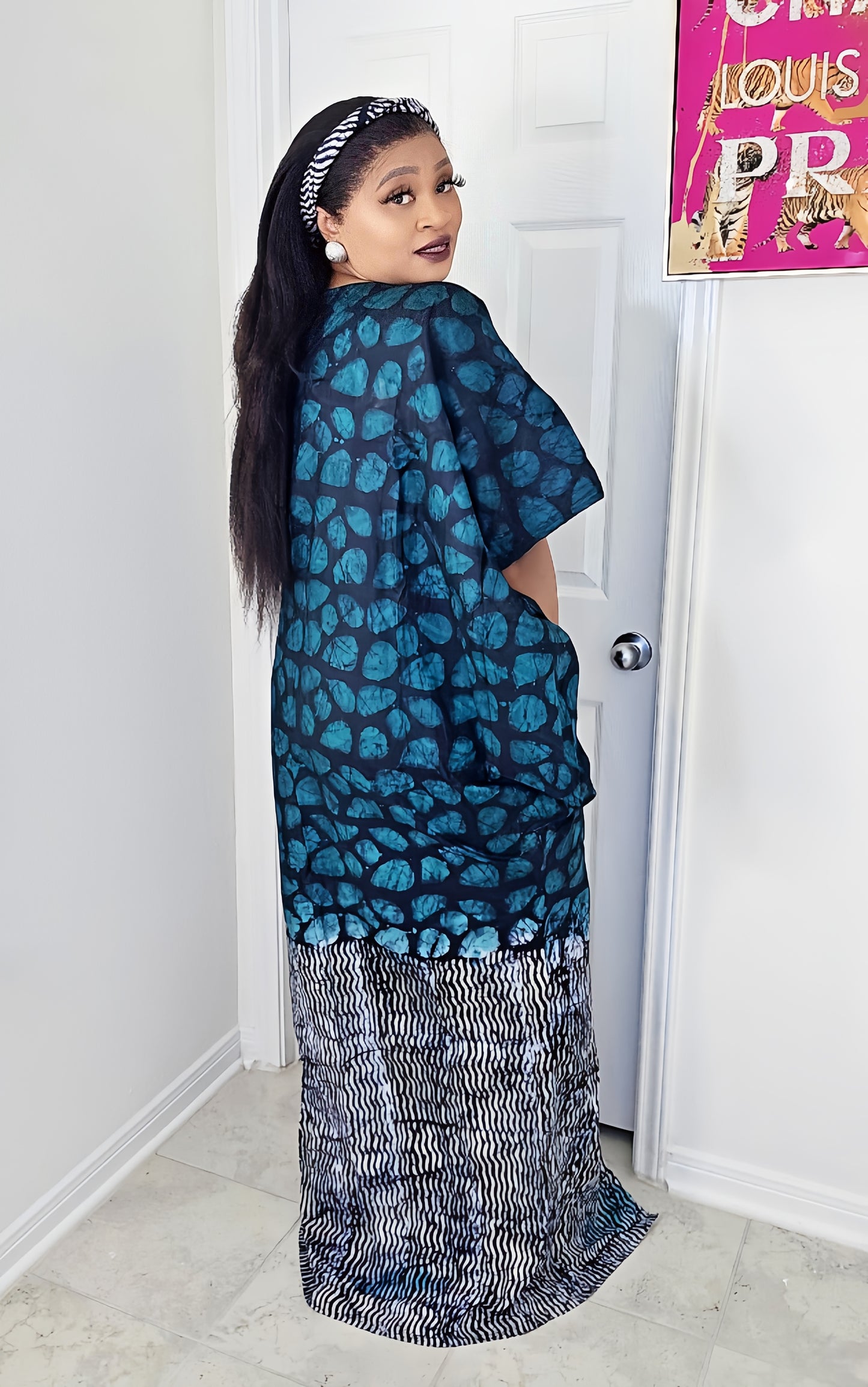 Oma Ankara Bubu Dress-Mini Agbada Two-Tone Adire premium with Front Cut with Matching Scarf