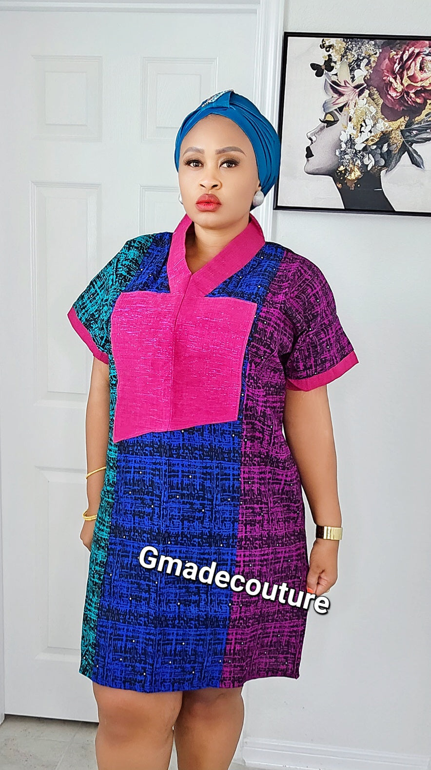 Premium Ankara print Dress with Aso-Oke Patch Neckline