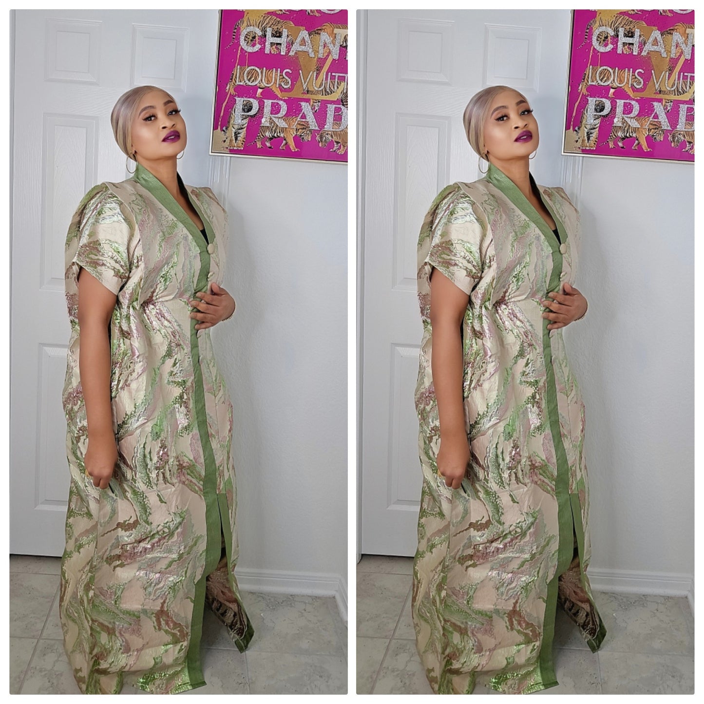European Rich Aunty Luxurious Brocade Agbada Bubu Maxi Dress Kaftan Dress With A Contrast Neck line and Matching scarf