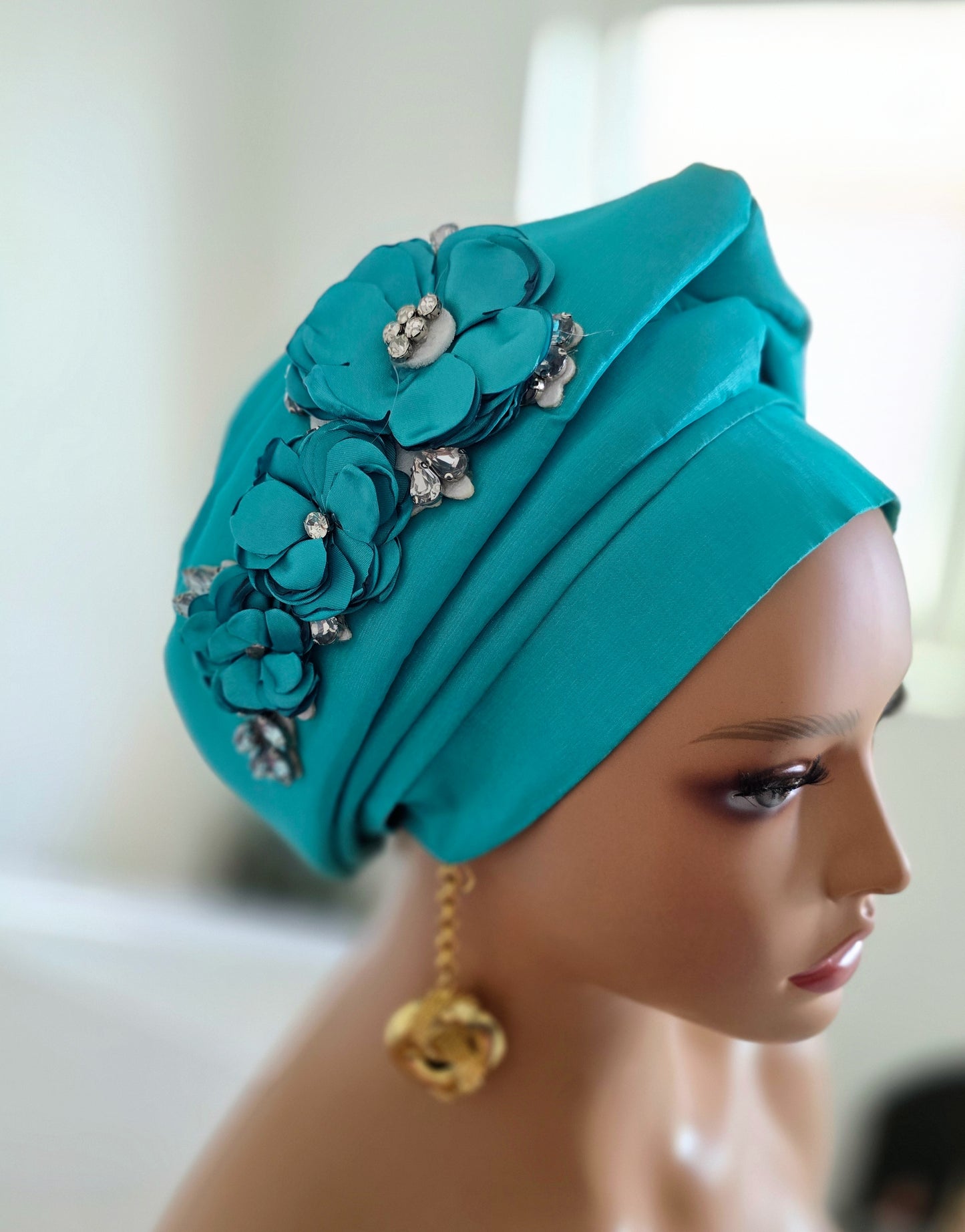 READY TO WEAR TAFETTA TURBAN GELE CAP WITH KNOT UP-DO EMBELLISHED WITH RHINESTONES AND ROSE PETALS