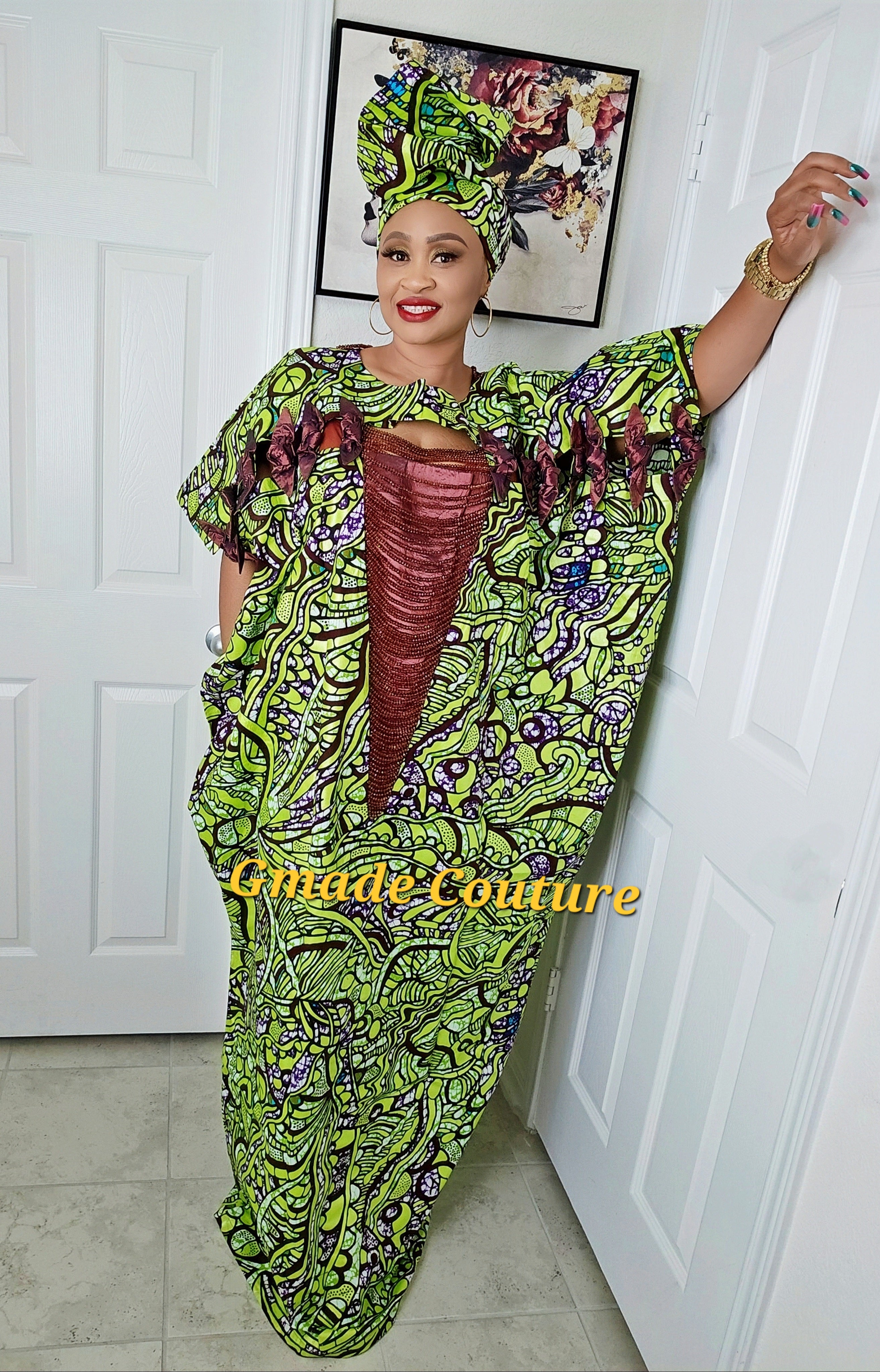 Imade Rich Aunty Luxury Beaded Ankara Agbada Bubu Kaftan with Matching Scarf.