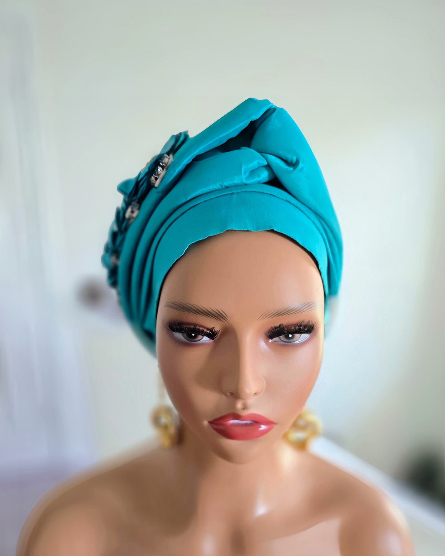 READY TO WEAR TAFETTA TURBAN GELE CAP WITH KNOT UP-DO EMBELLISHED WITH RHINESTONES AND ROSE PETALS