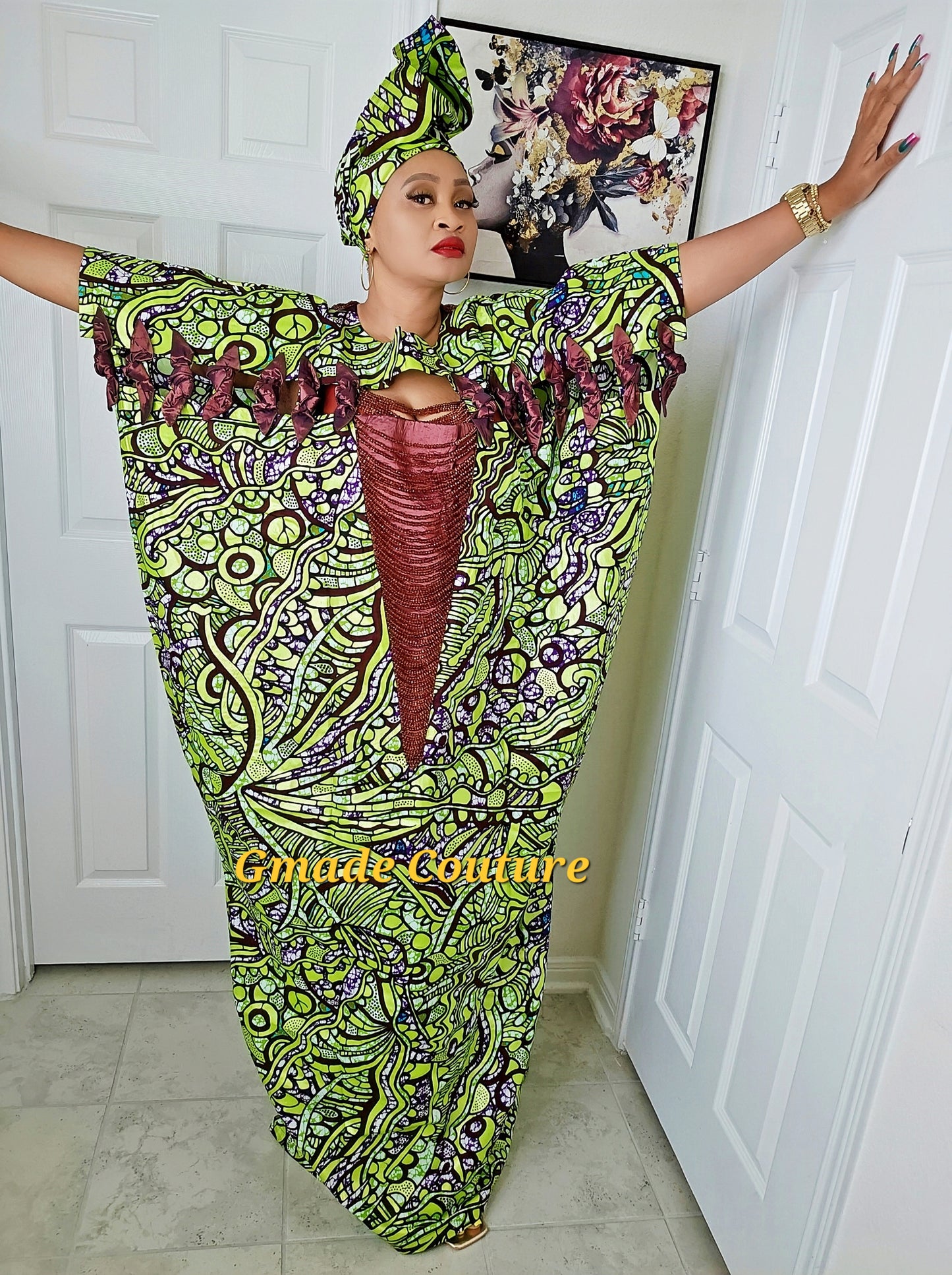 Imade Rich Aunty Luxurious High Quality Embellished Beaded Ankara with Crystals Agbada Bubu Maxi Dress Kaftan Dress with Matching Scarf