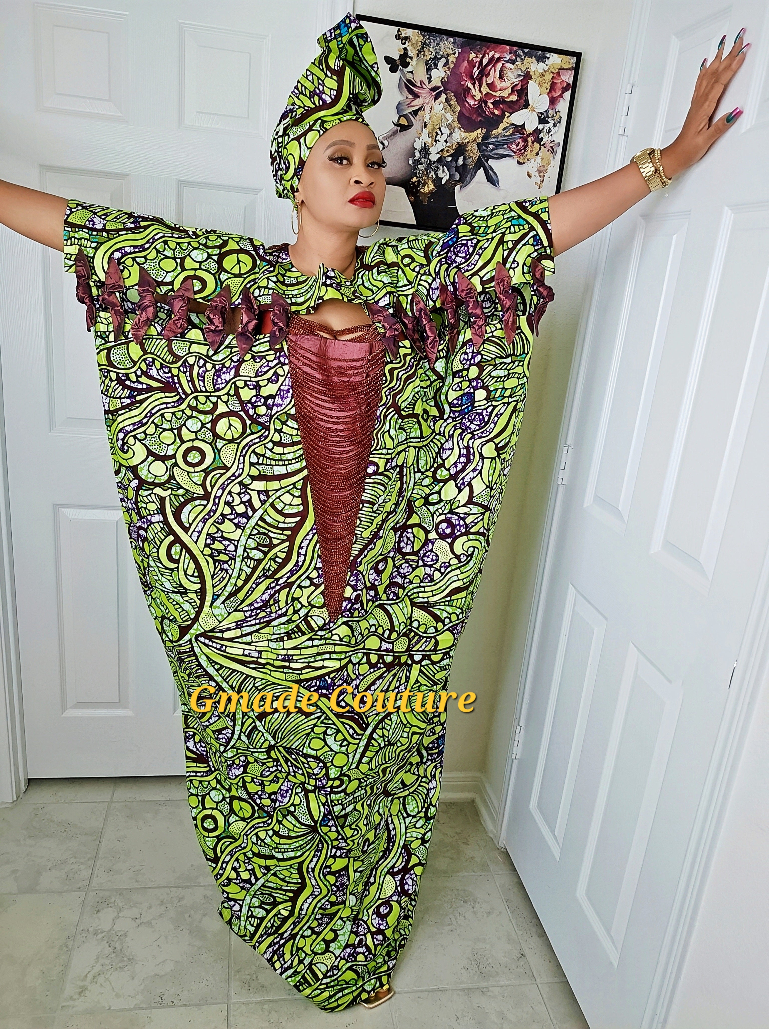 Imade Rich Aunty Luxury Beaded Ankara Agbada Bubu Kaftan with Matching Scarf.
