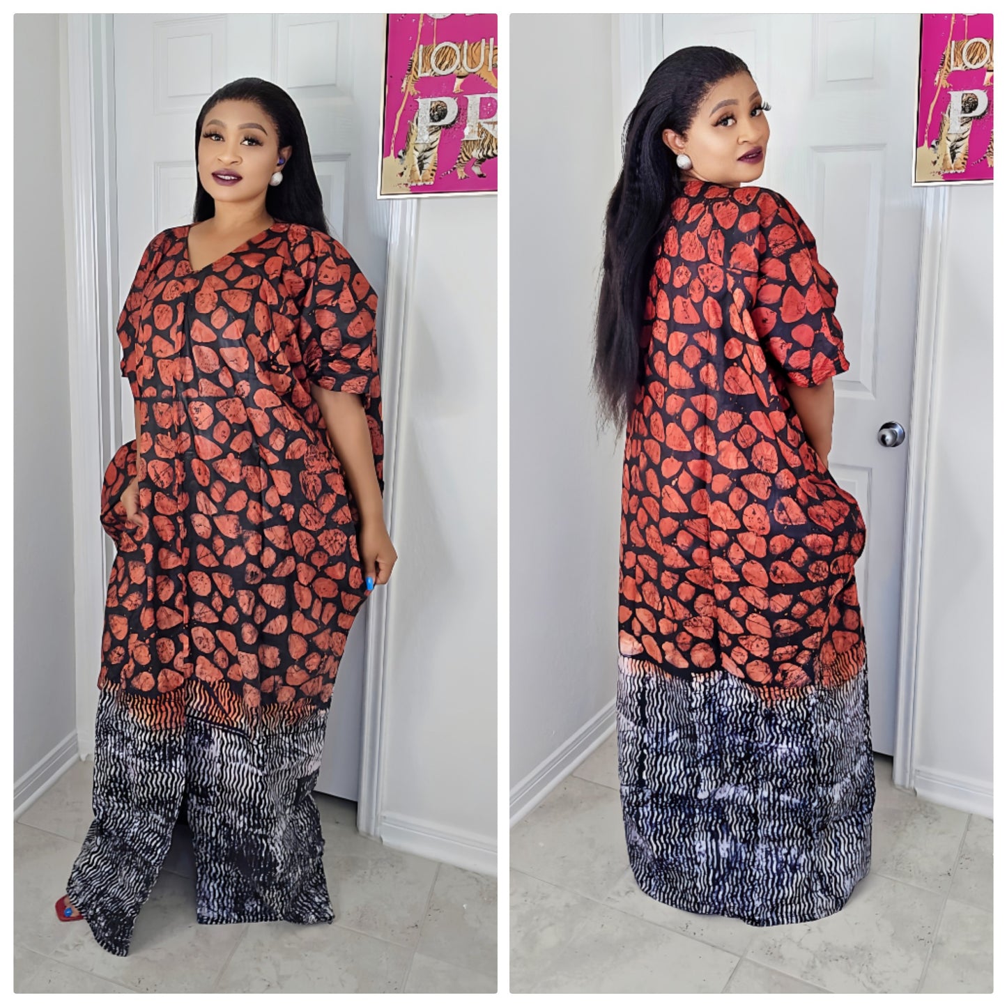 Oma Ankara Bubu Dress-Mini Agbada Two-Tone Adire premium with Front Cut with Matching Scarf