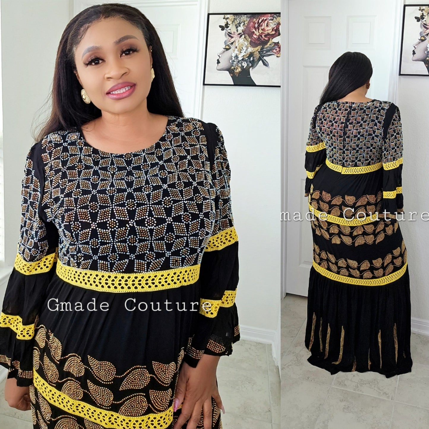 Fancy Million stones kaftan with flare sleeve